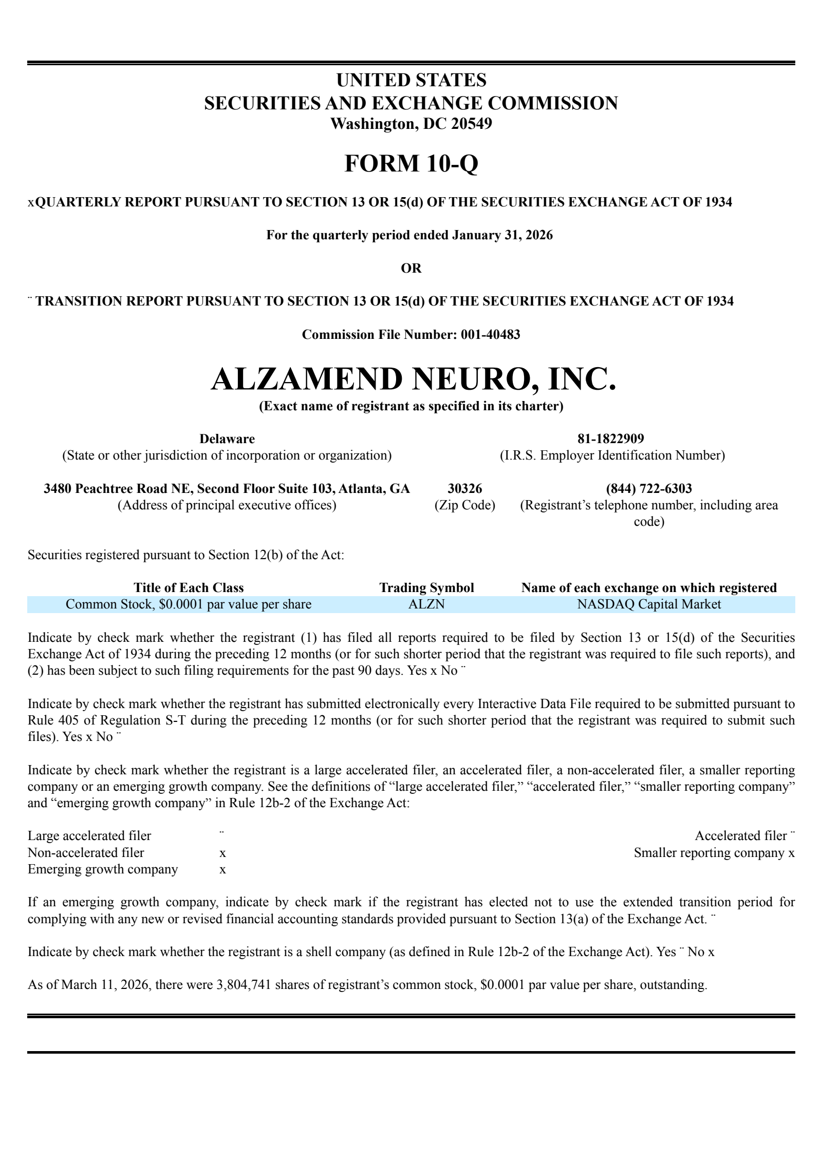Alzamend Neuro's Q3 2026 Quarterly report