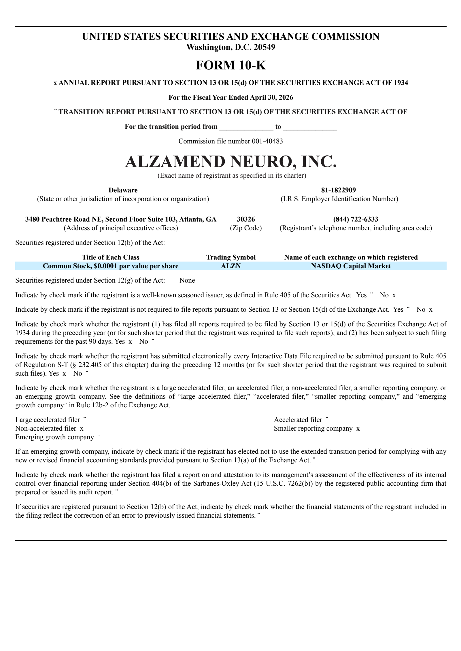 Alzamend Neuro's Q4 2026 Annual report