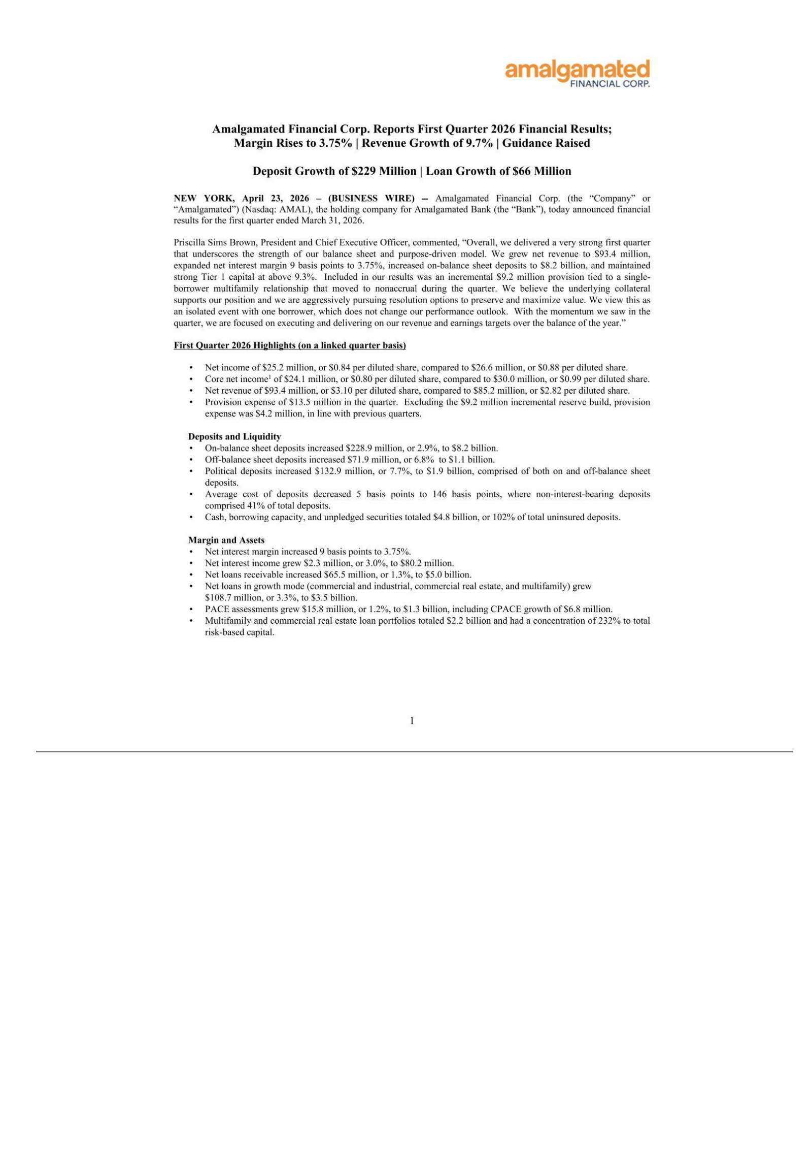 Amalgamated Financial's Q1 2026 Press Release