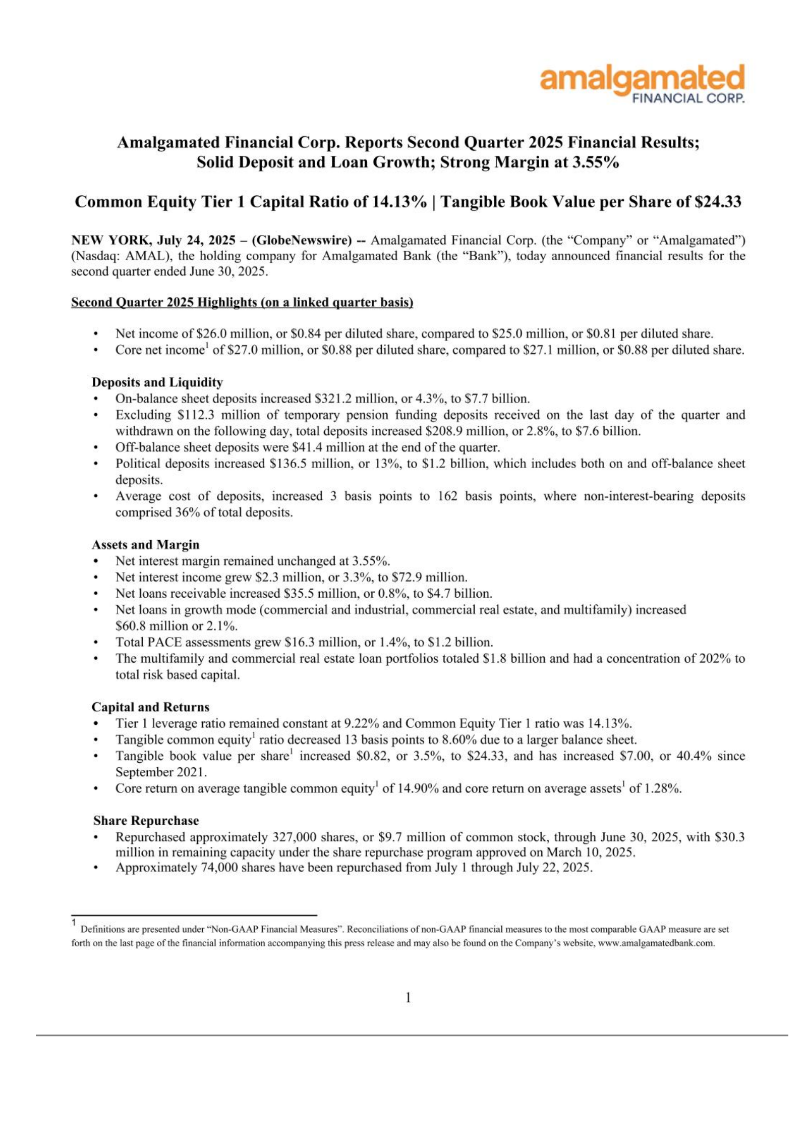 Amalgamated Financial's Q2 2025 Press Release