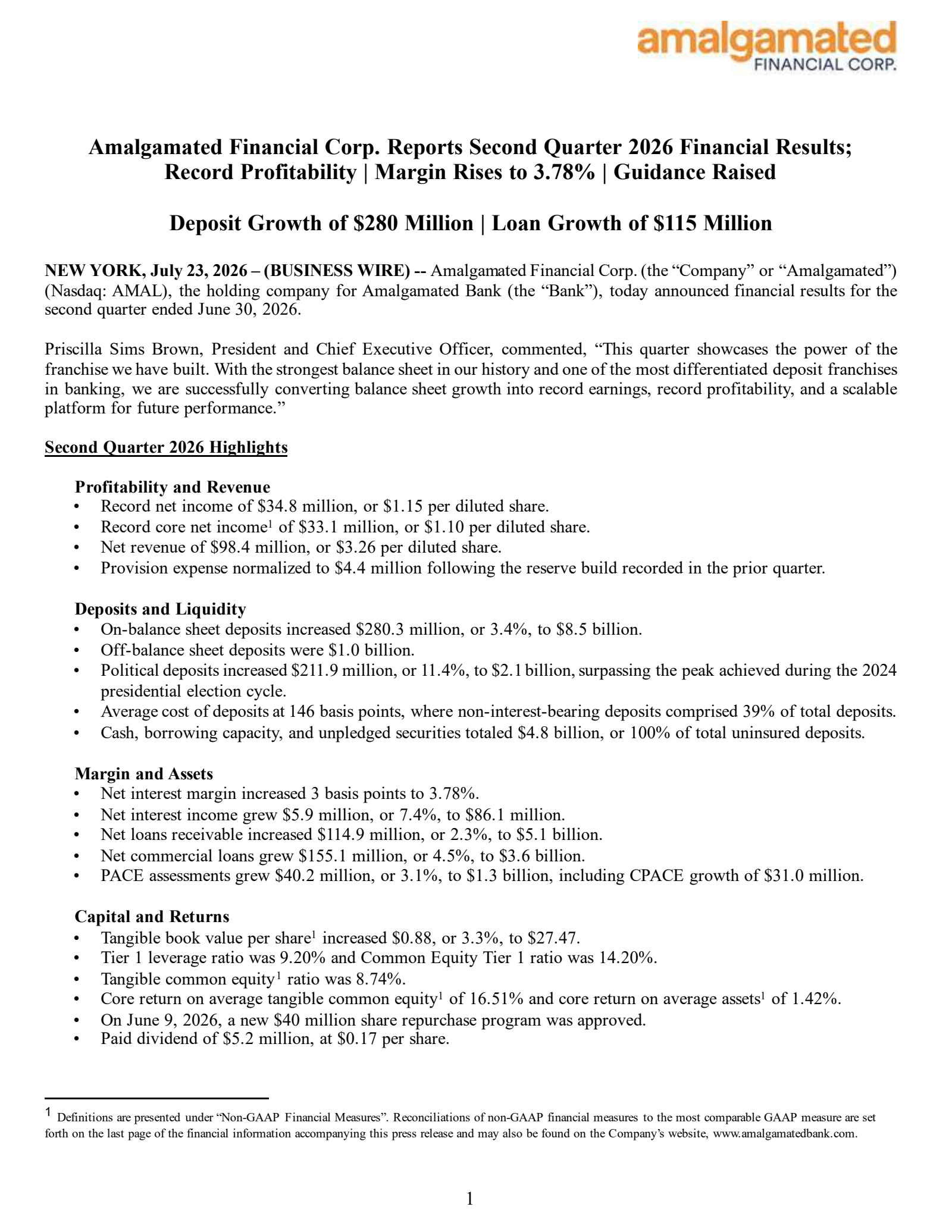 Amalgamated Financial's Q2 2026 Press Release