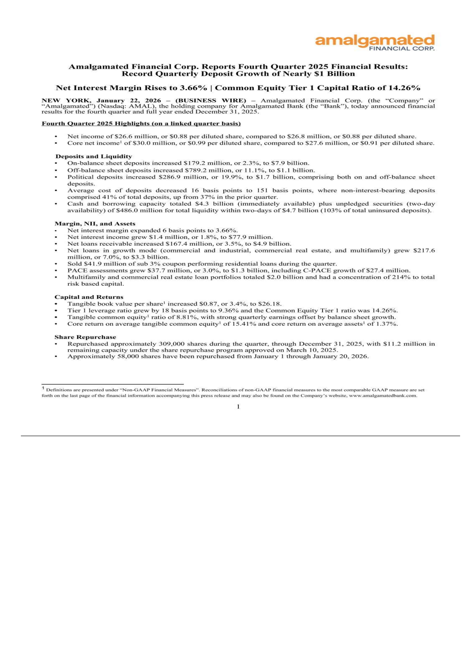 Amalgamated Financial's Q4 2025 Press Release