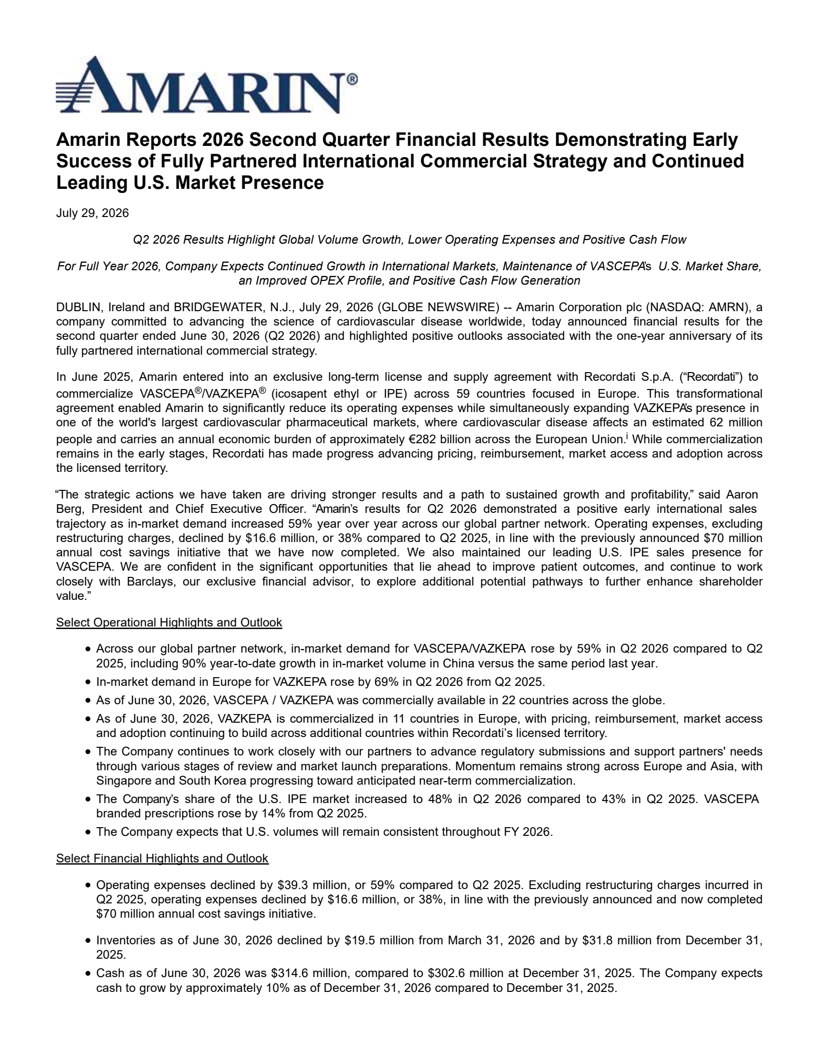 Amarin's Q2 2026 Press Release