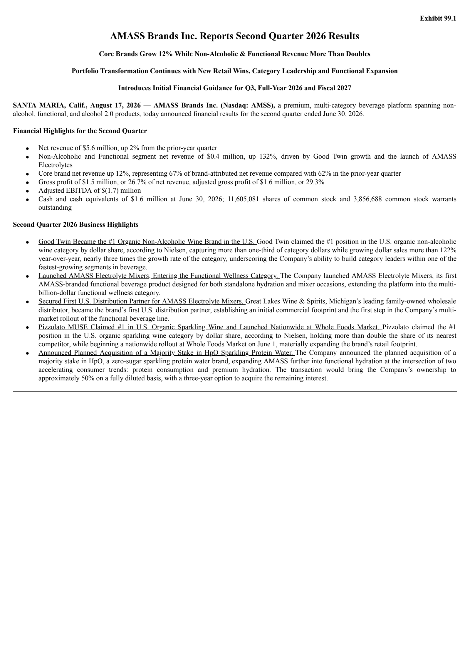 Amass Brands' Q2 2026 Press Release