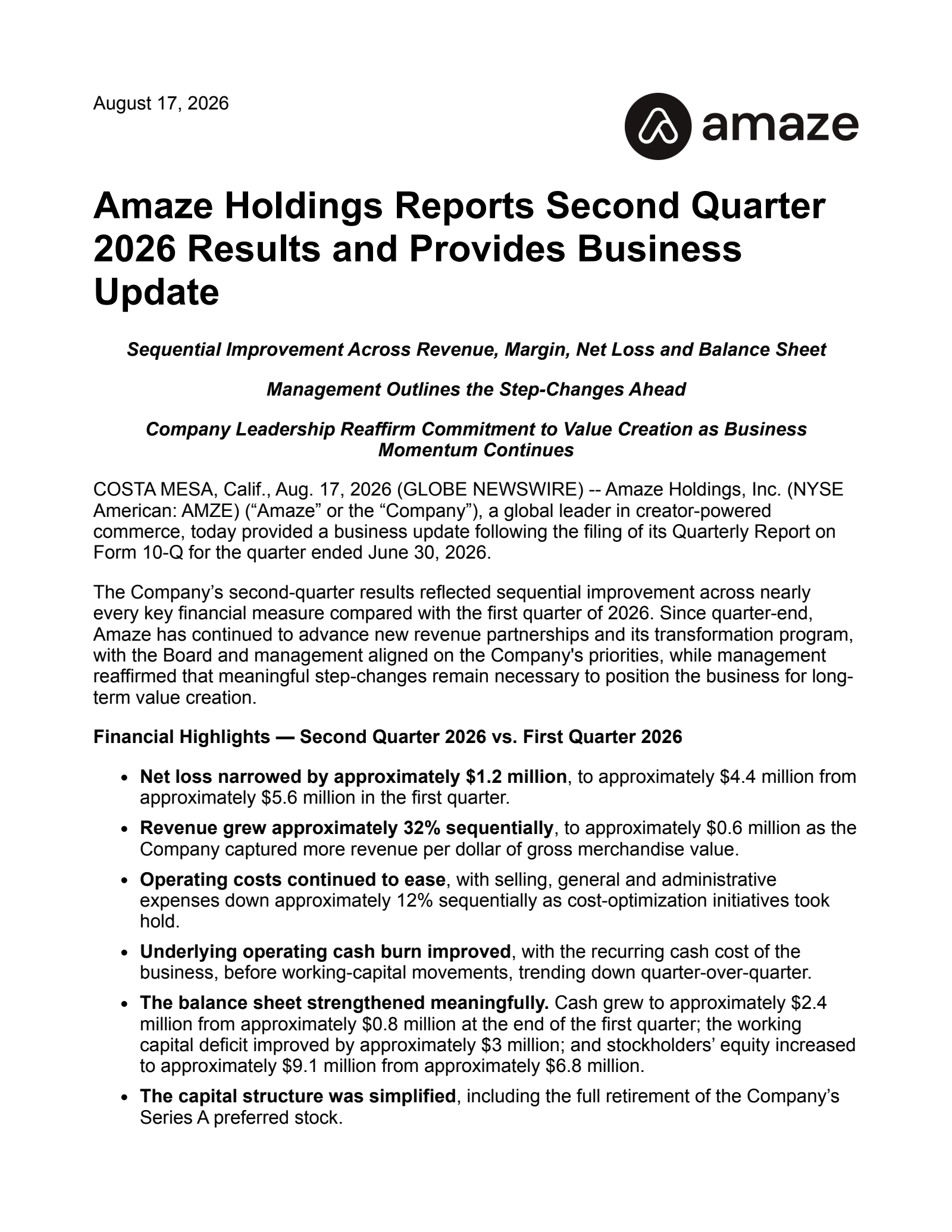 Amaze's Q2 2026 Press Release