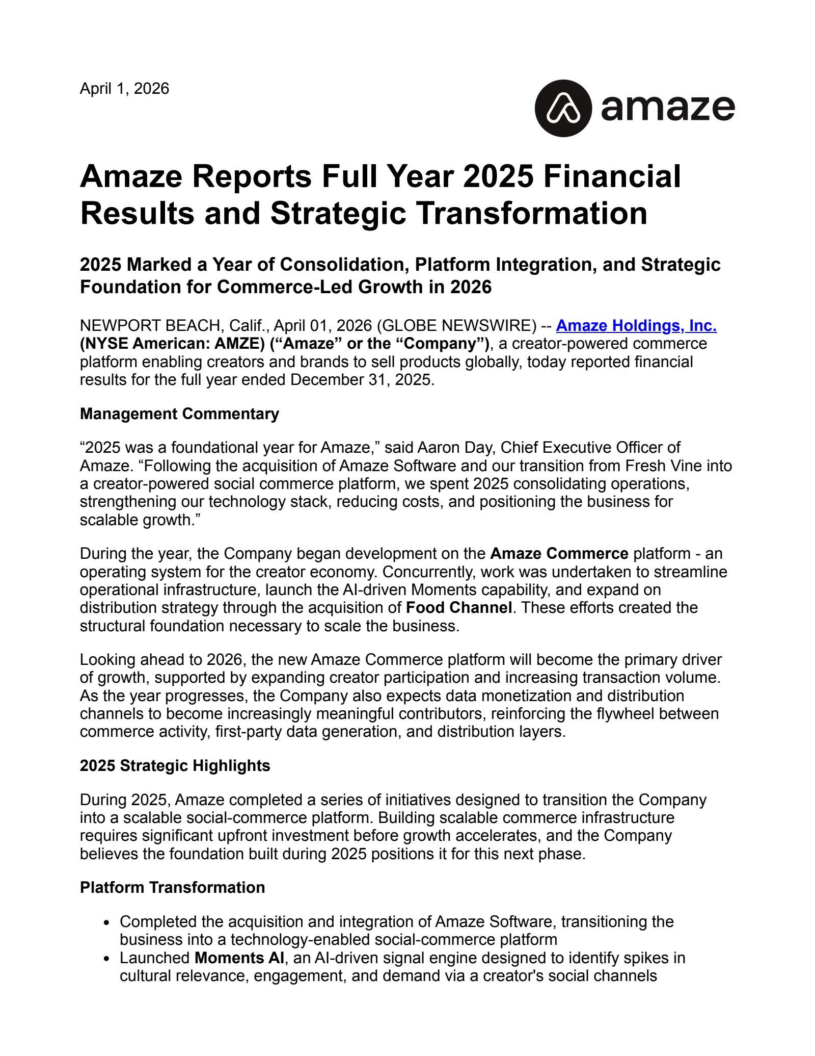 Amaze's Q4 2025 Press Release