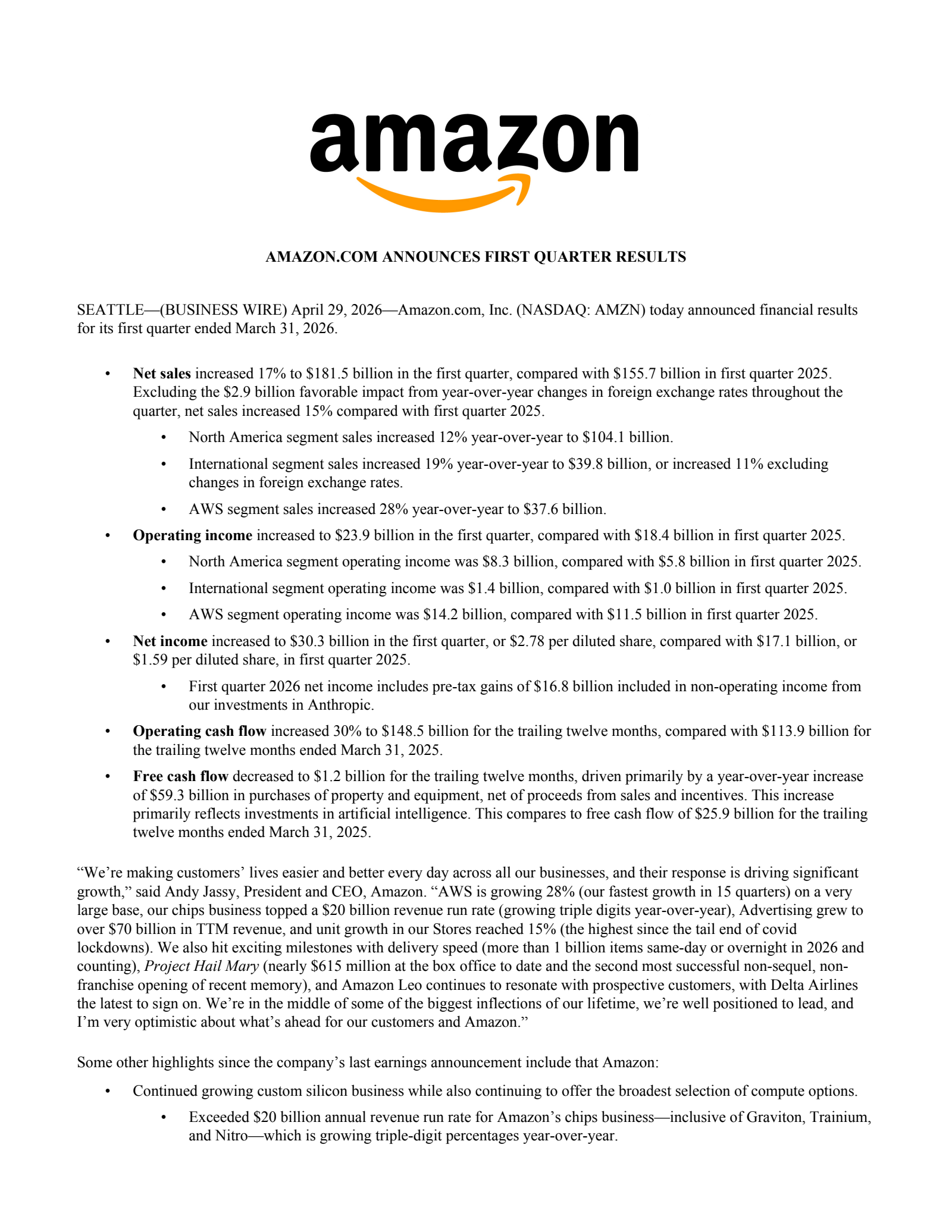 Amazon.com's Q1 2026 Press Release