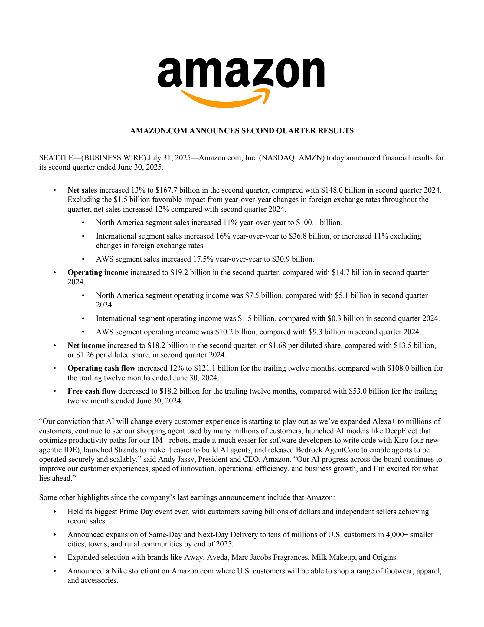 Amazon.com's Q2 2025 Press Release
