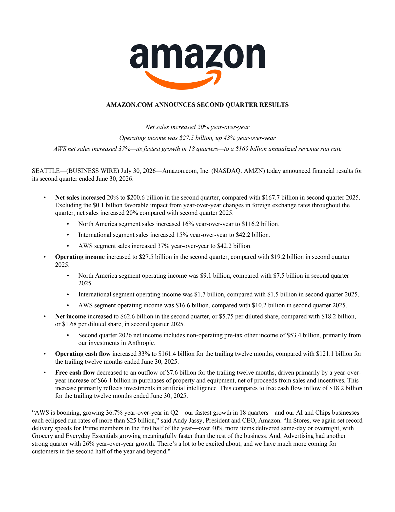 Amazon.com's Q2 2026 Press Release