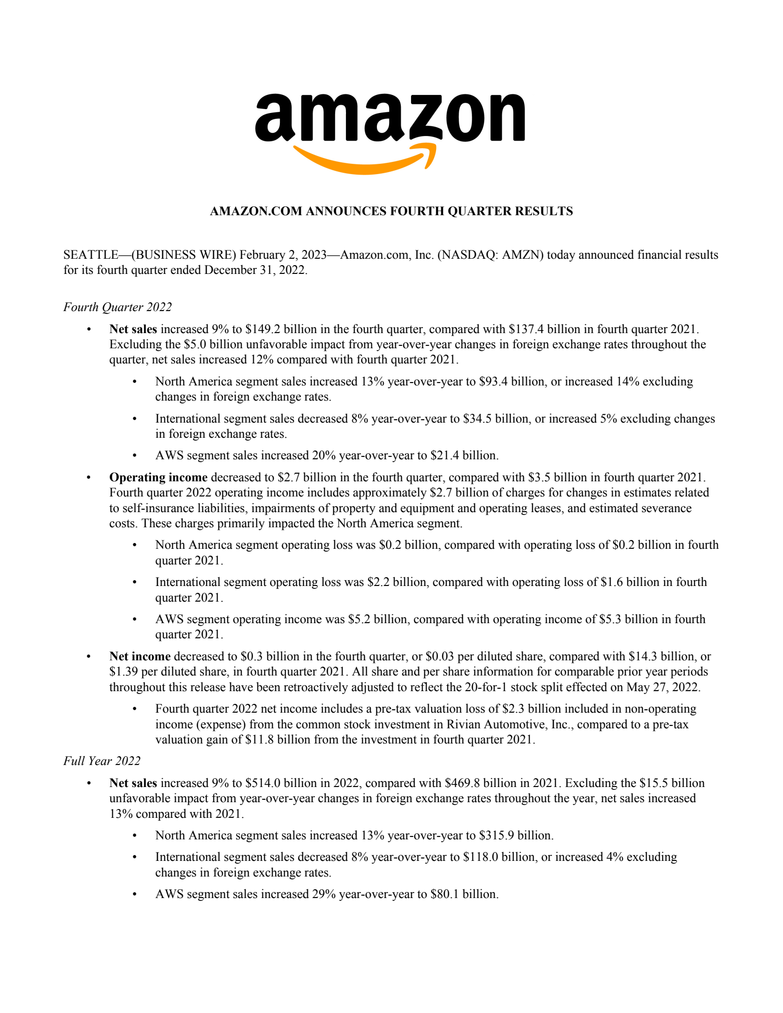 Amazon.com's Q4 2022 Press Release