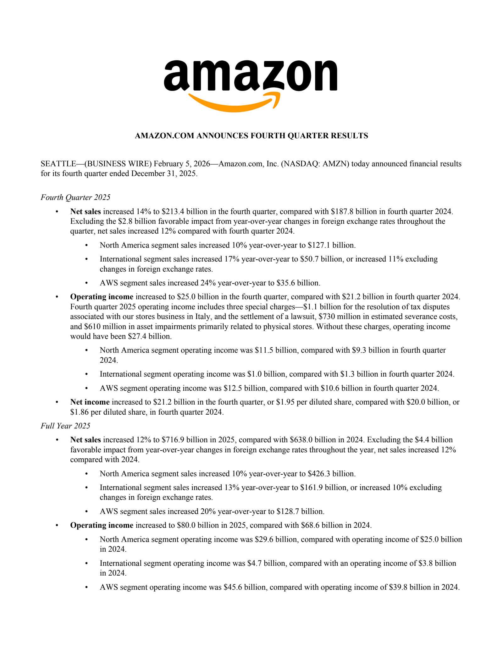 Amazon.com's Q4 2025 Press Release