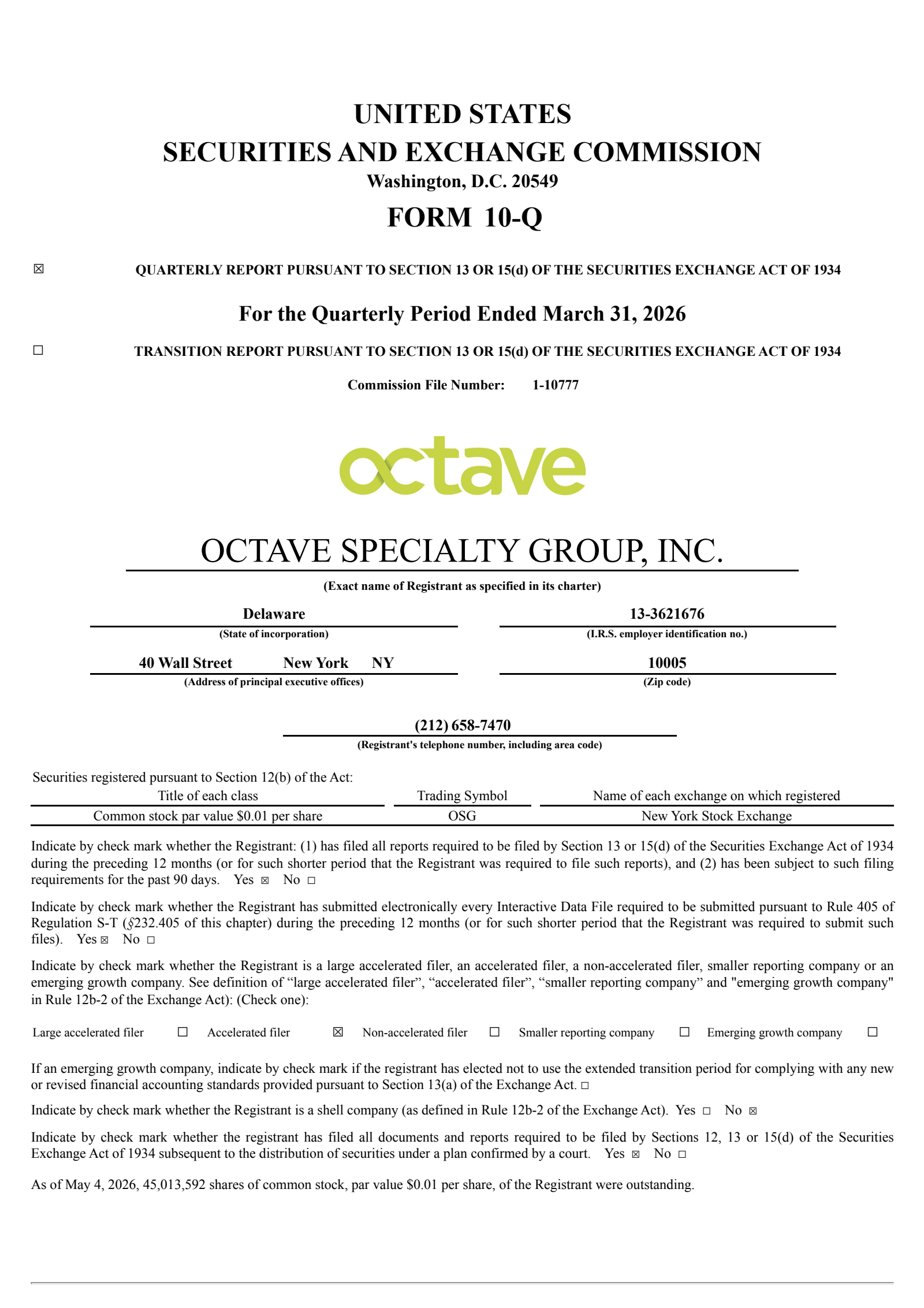 Octave Specialty Group's Q1 2026 Quarterly report