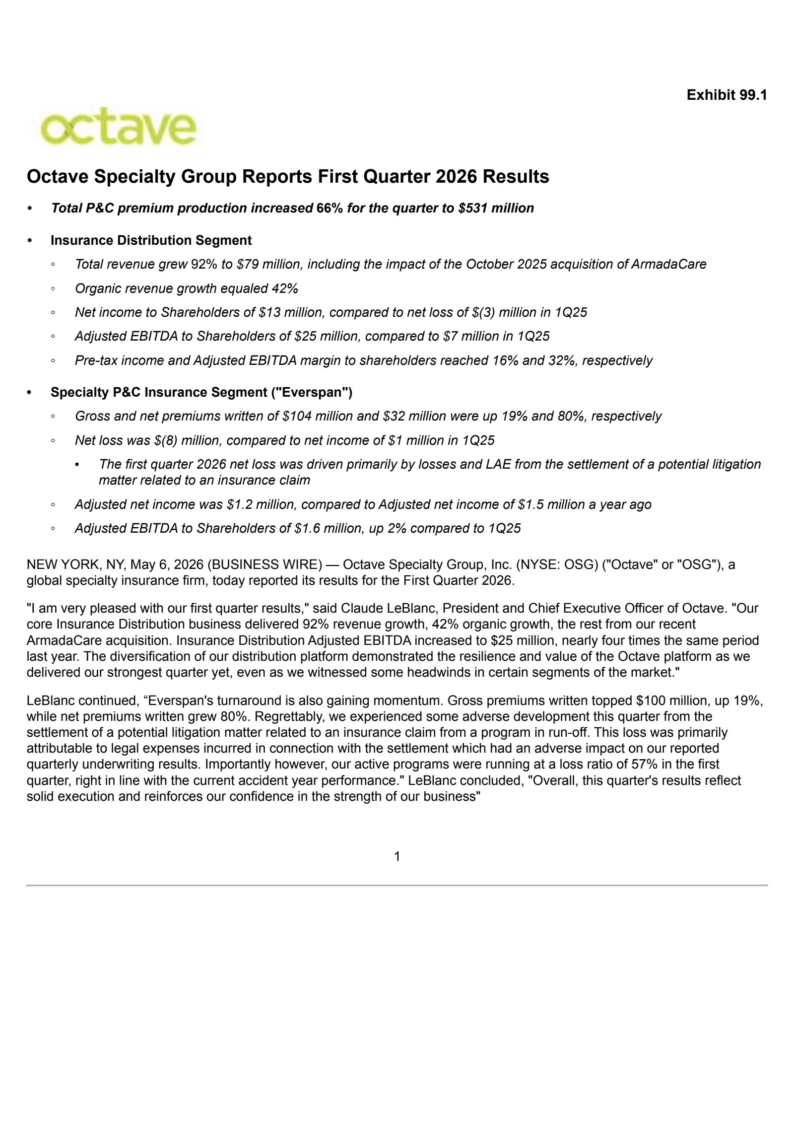 Octave Specialty Group's Q1 2026 Press Release