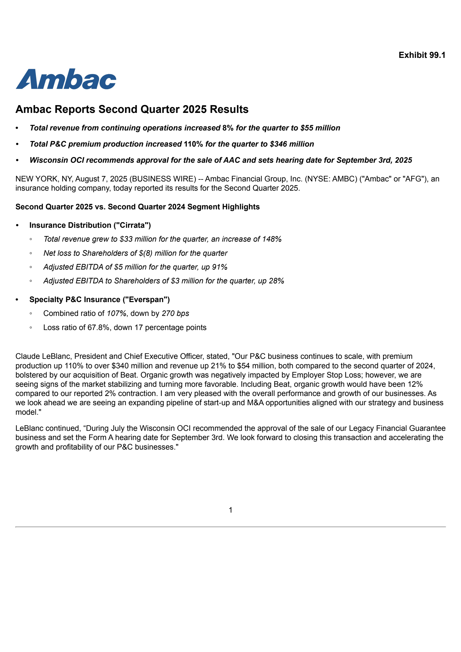 Ambac Financial Group's Q2 2025 Press Release
