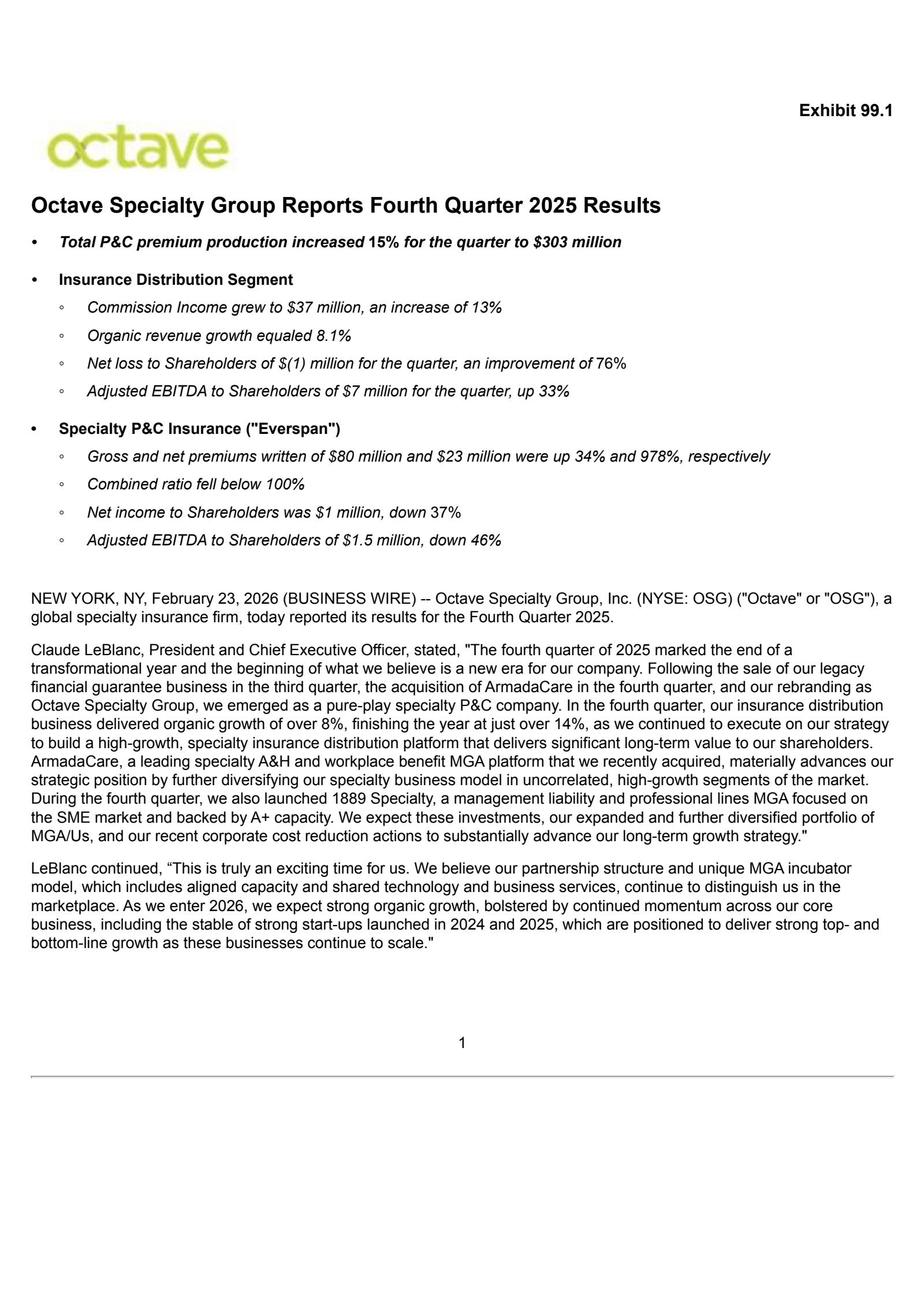 Octave Specialty Group's Q4 2025 Press Release