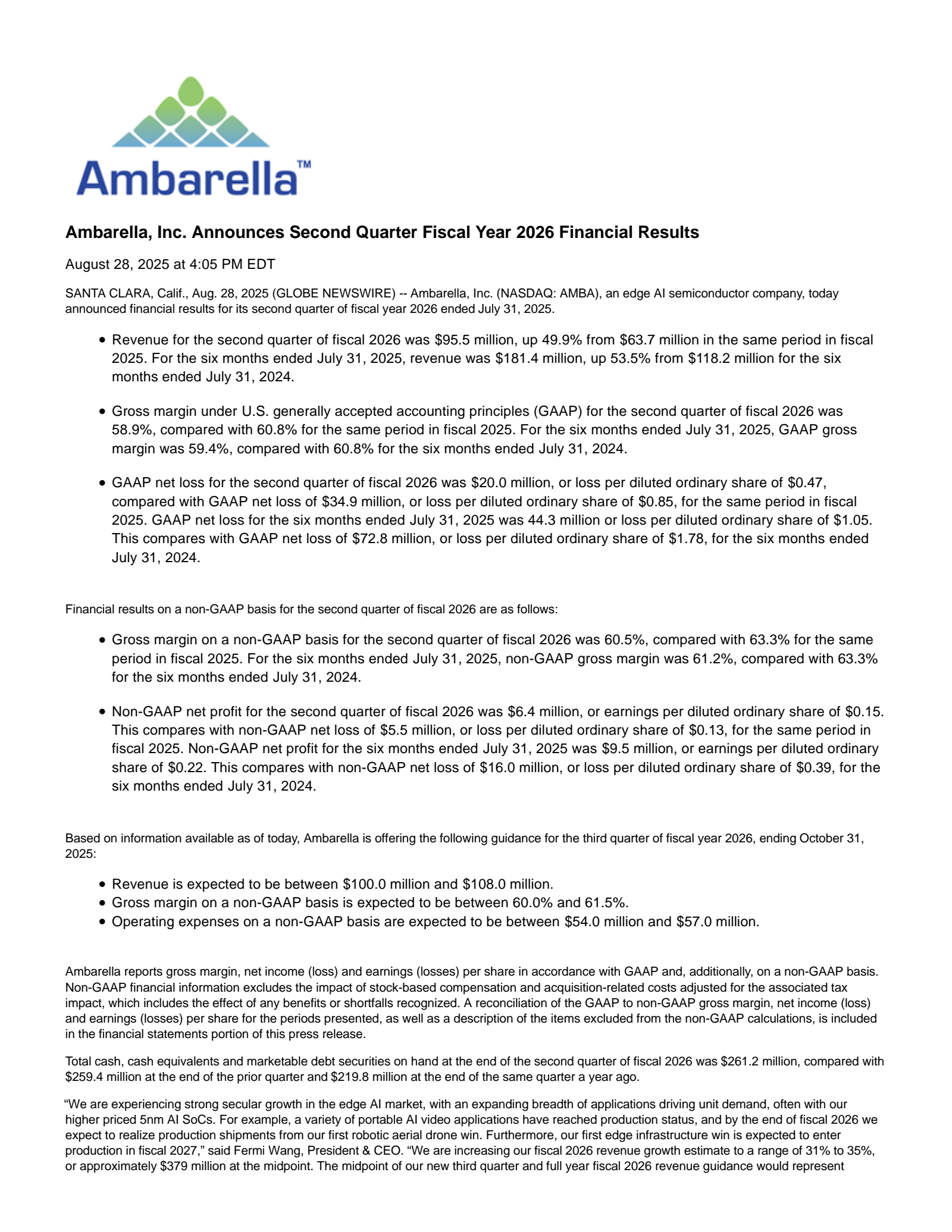 Ambarella's Q2 2026 Press Release