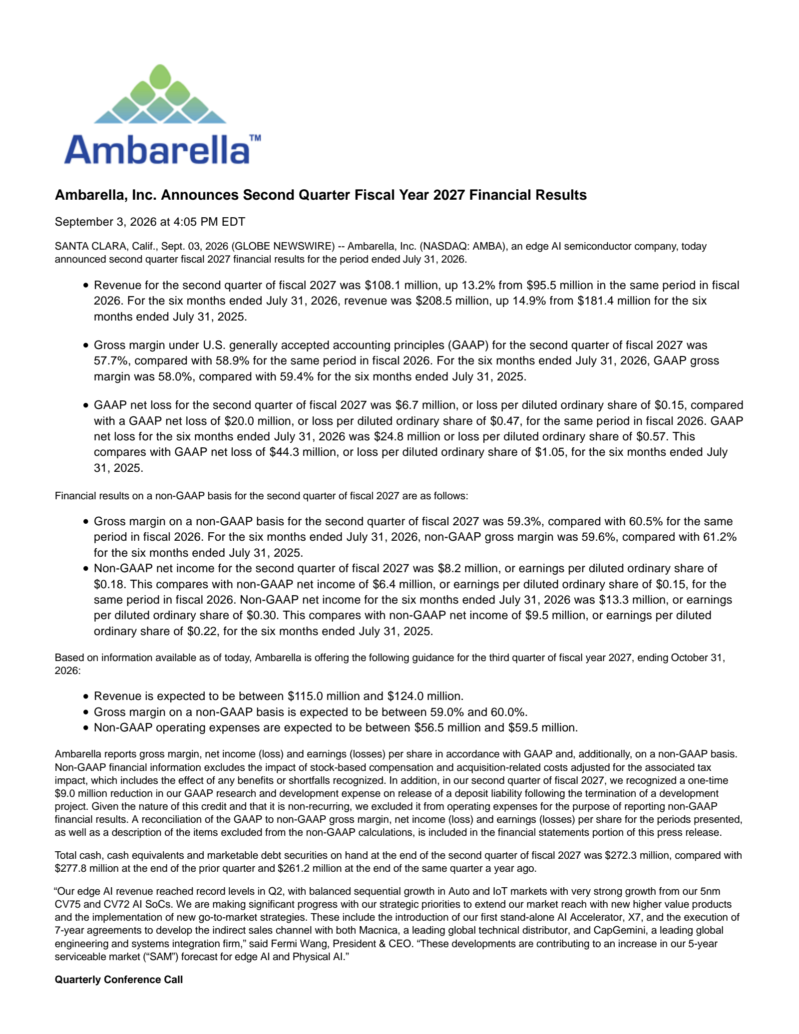 Ambarella's Q2 2027 Press Release