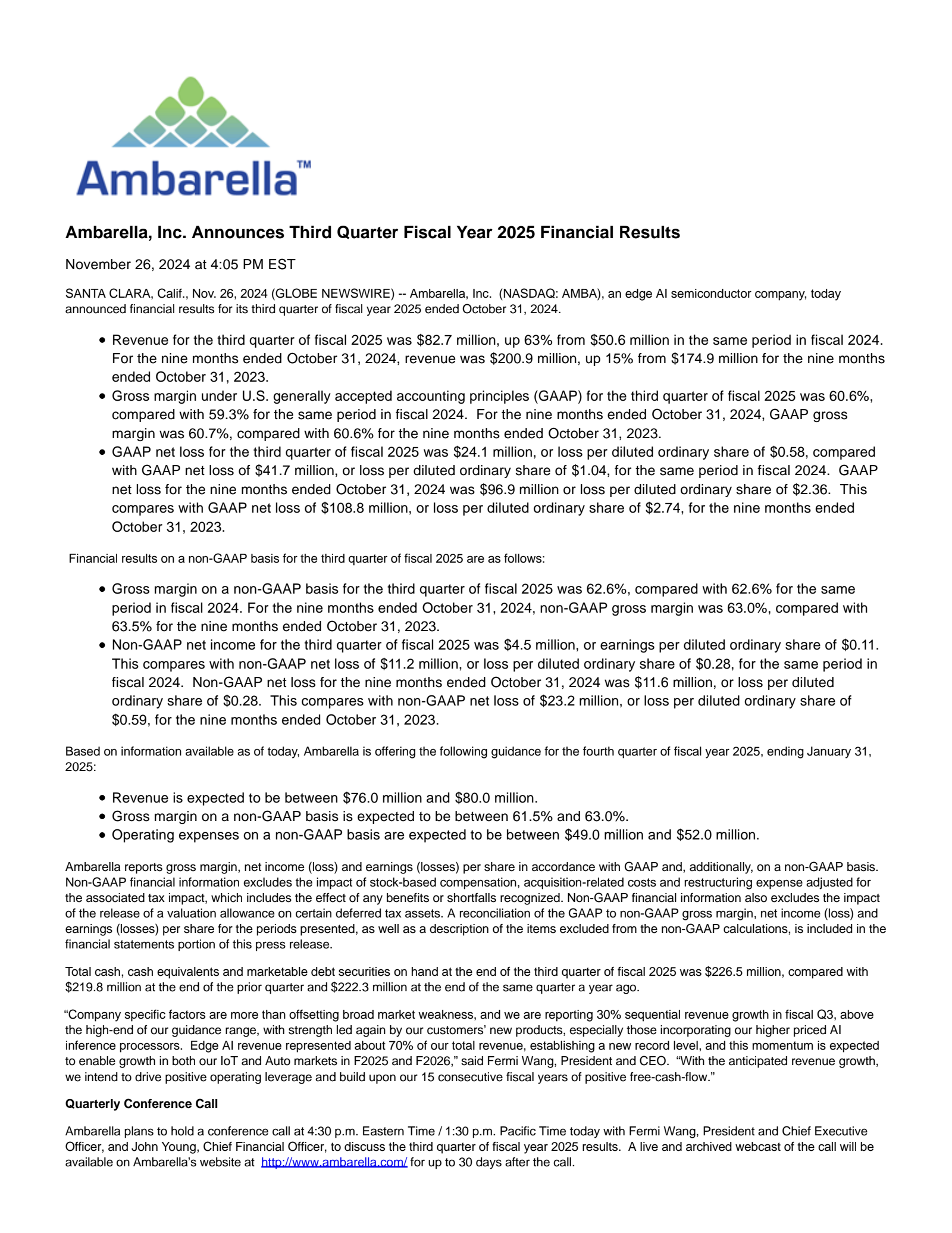 Ambarella's Q3 2025 Press Release