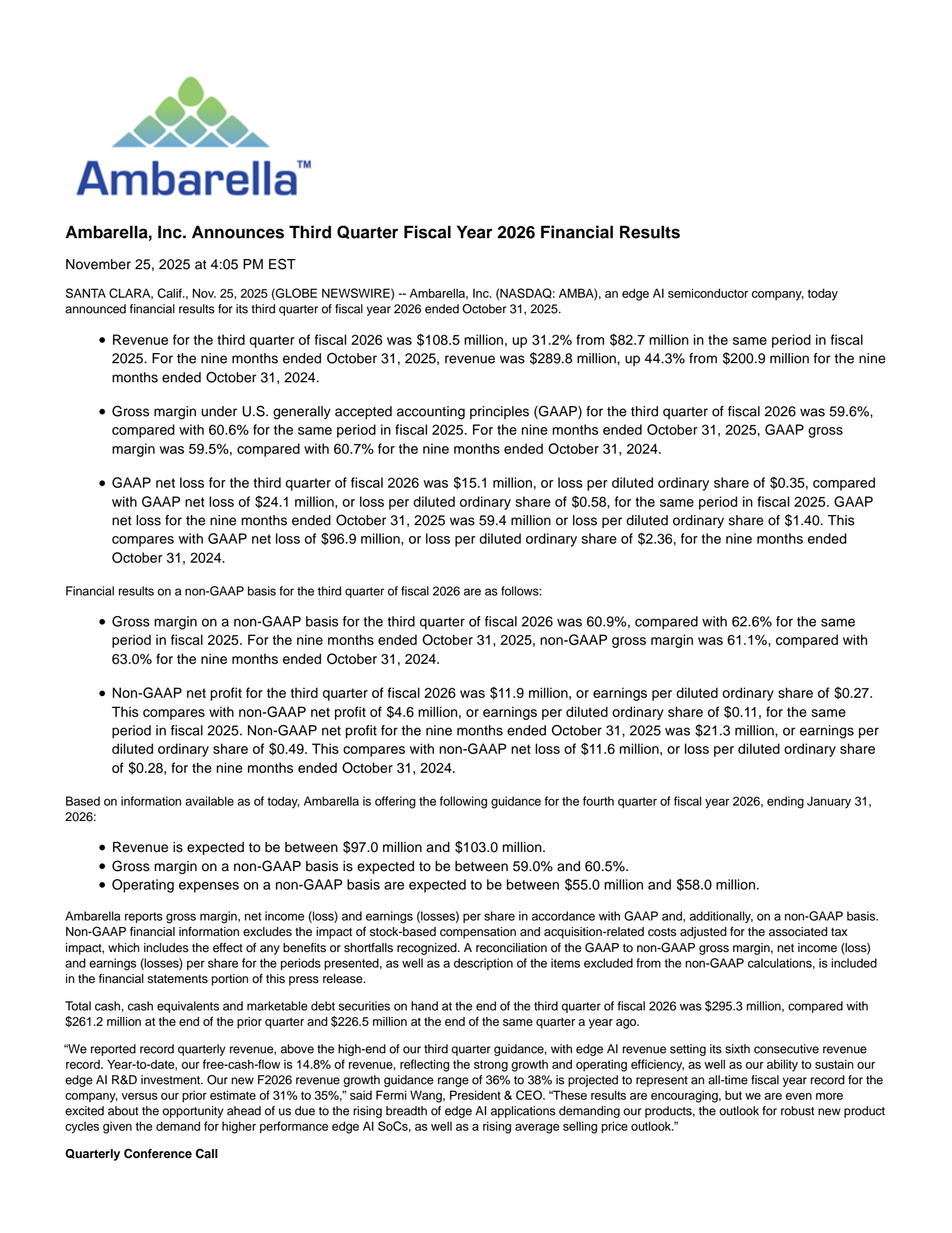 Ambarella's Q3 2026 Earnings Release