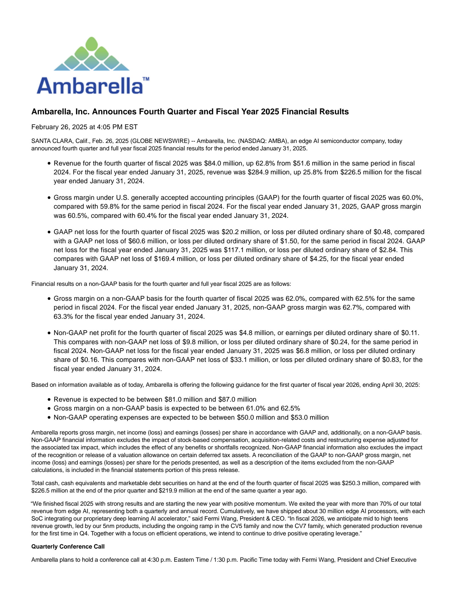 Ambarella's Q4 2025 Press Release