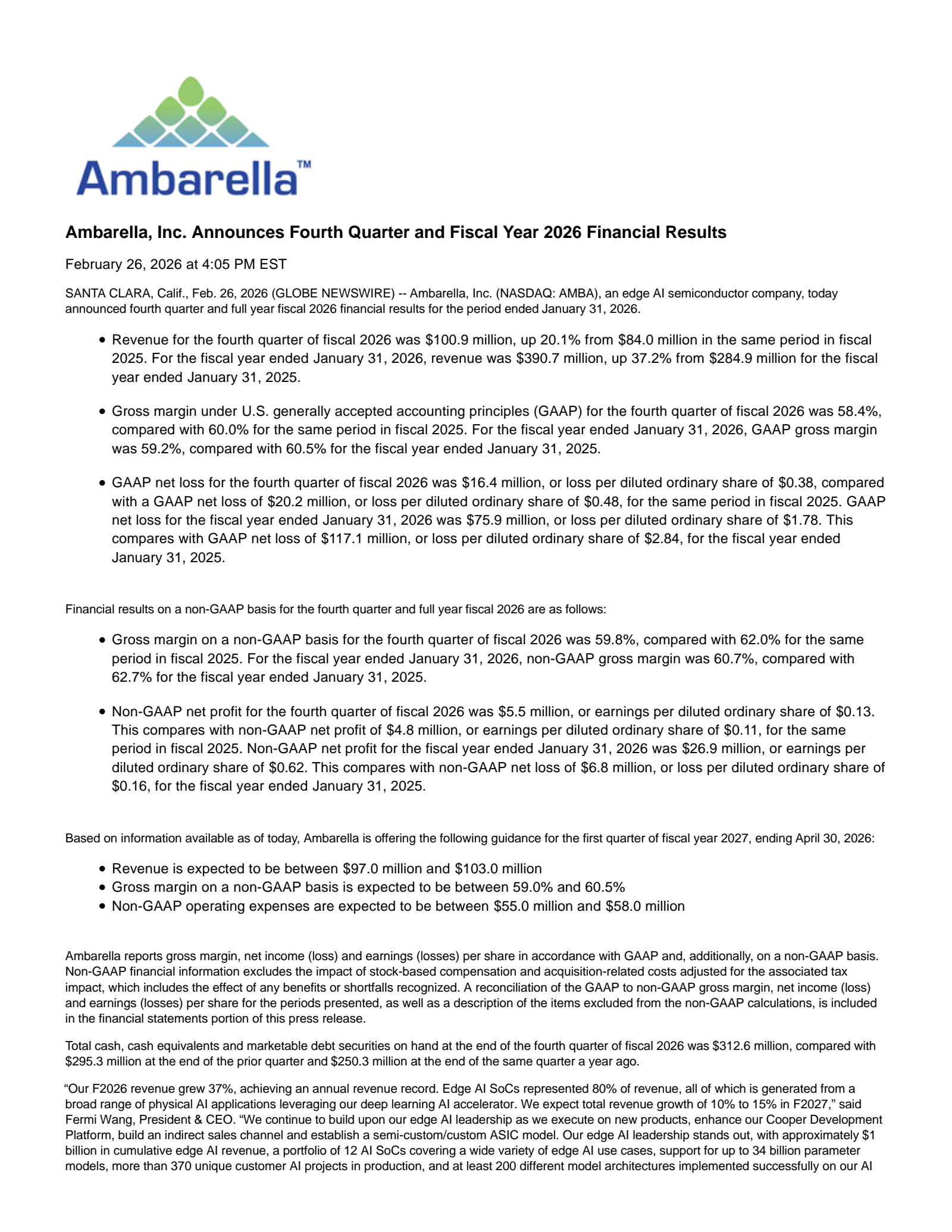 Ambarella's Q4 2026 Press Release