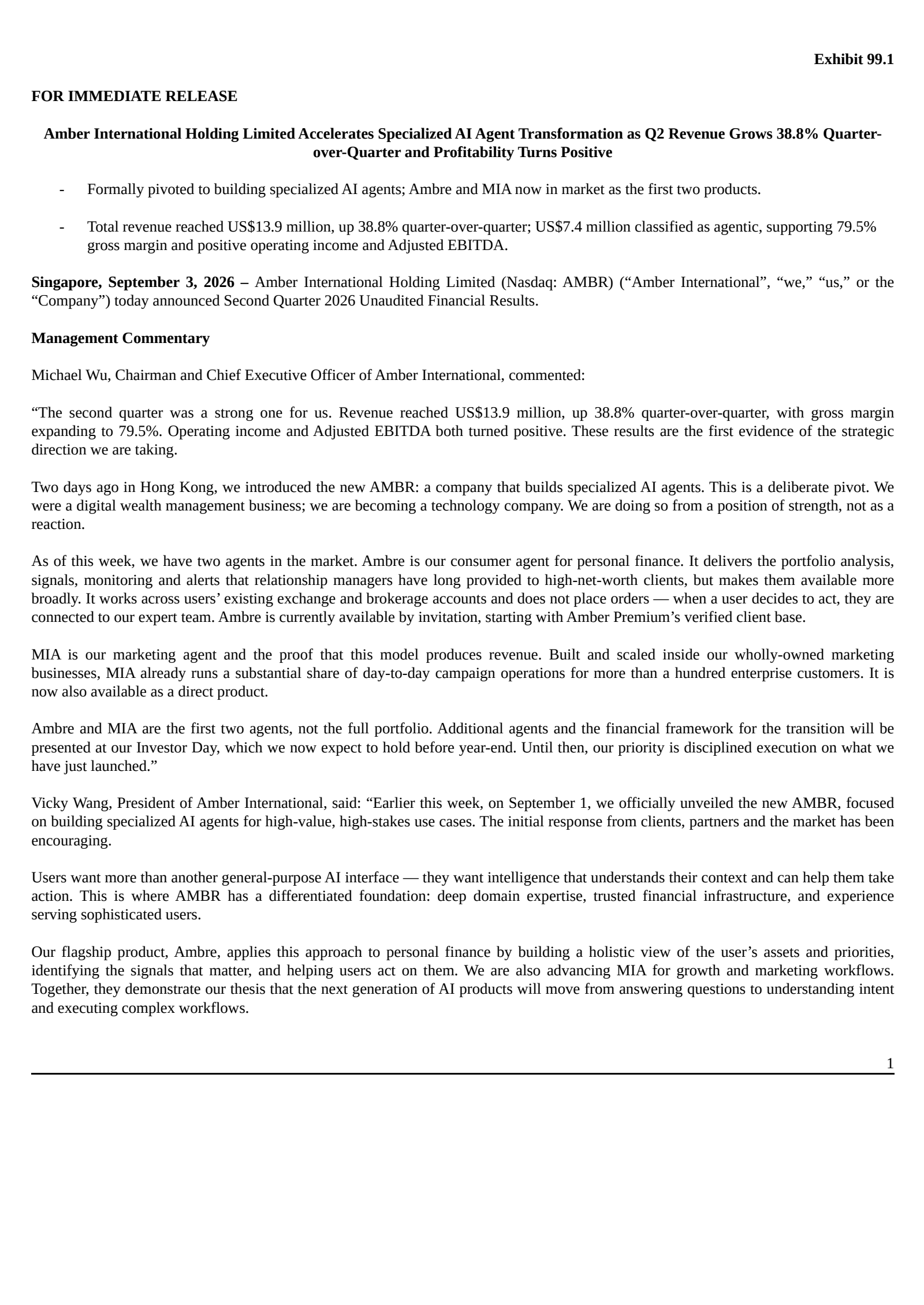 Amber International's Q2 2026 Press Release