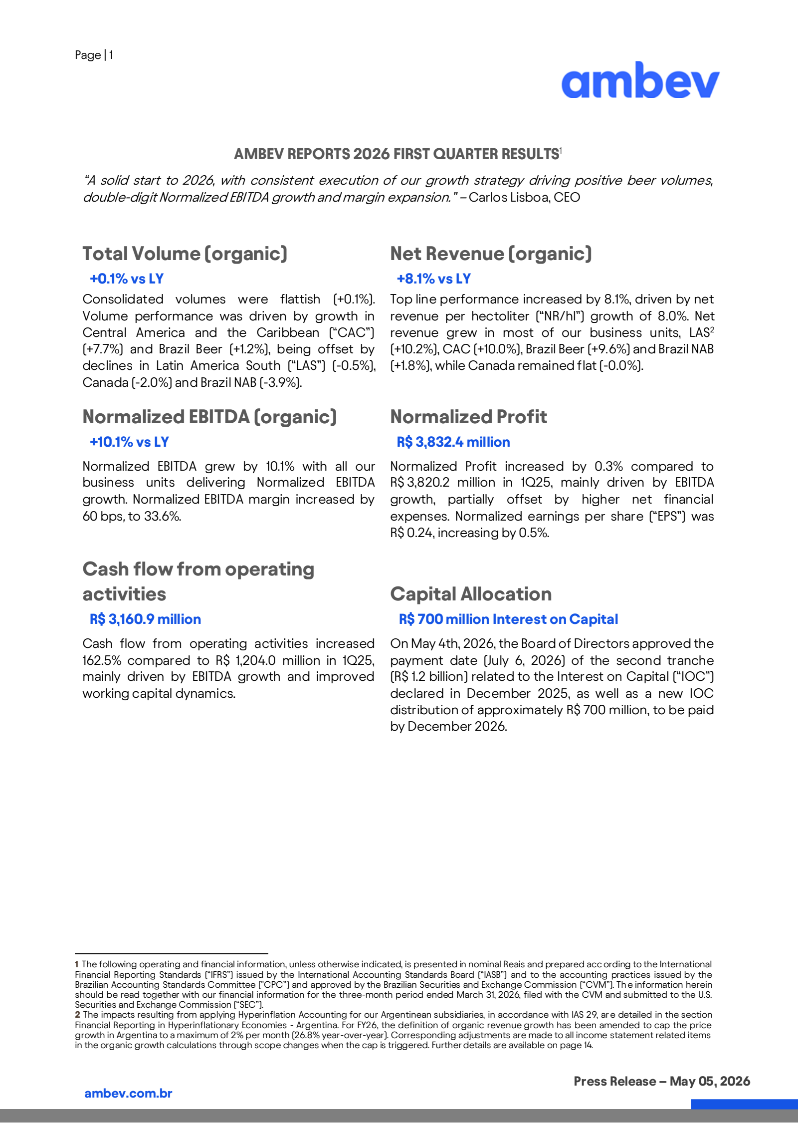 Ambev's Q1 2026 Press Release