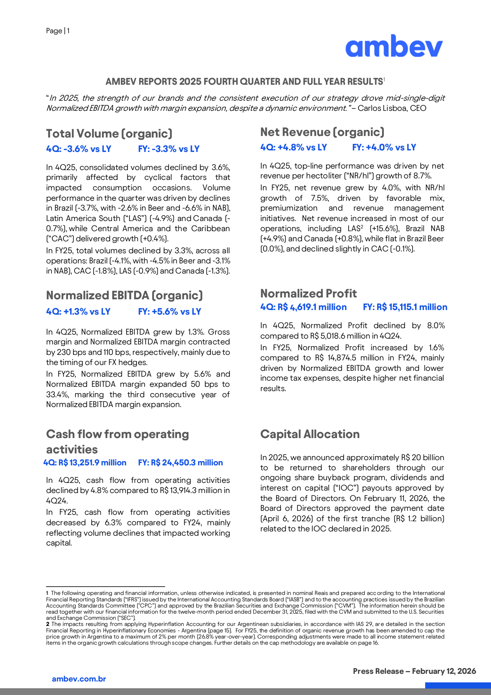 Ambev's Q4 2025 Press Release