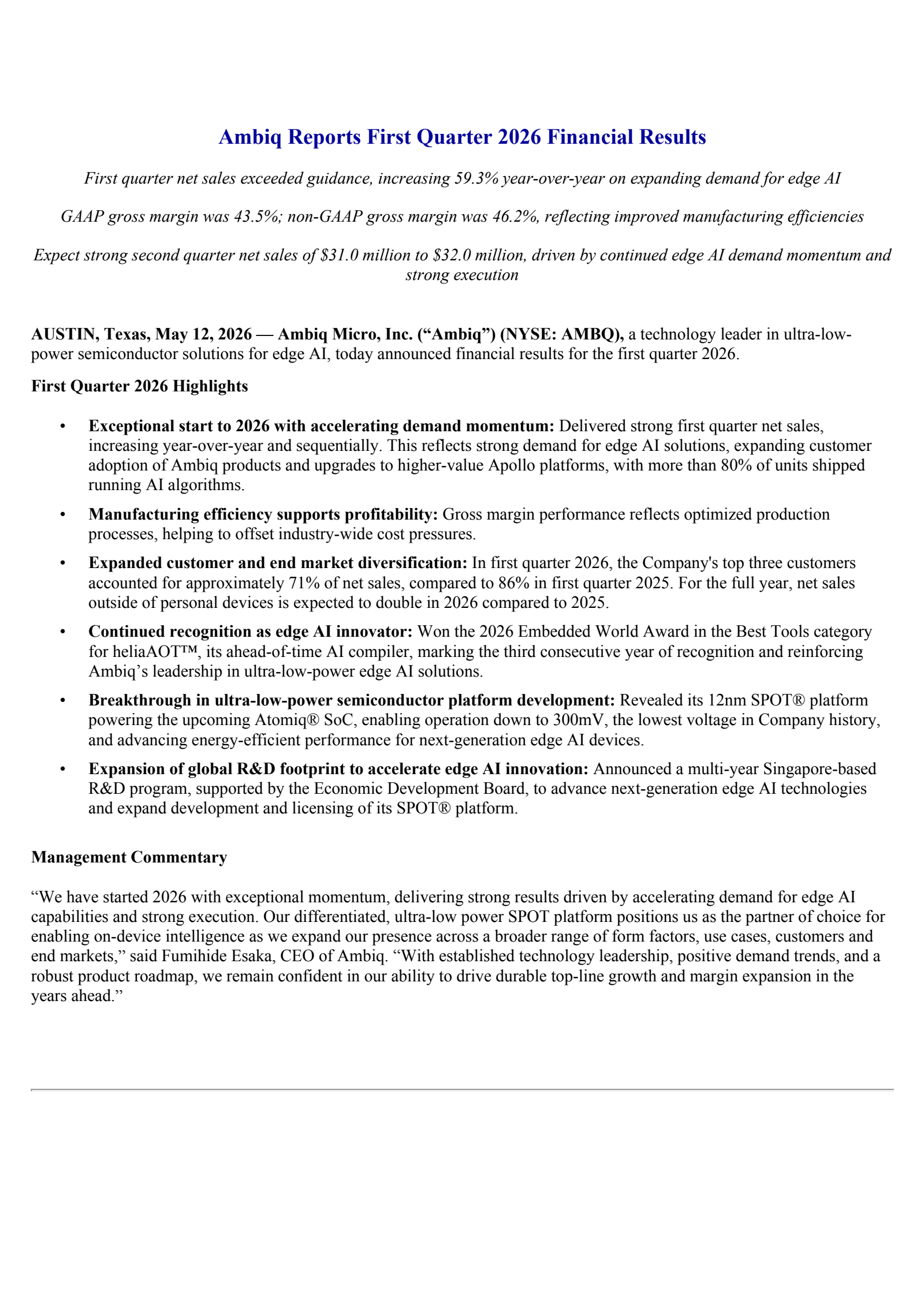 Ambiq Micro's Q1 2026 Press Release