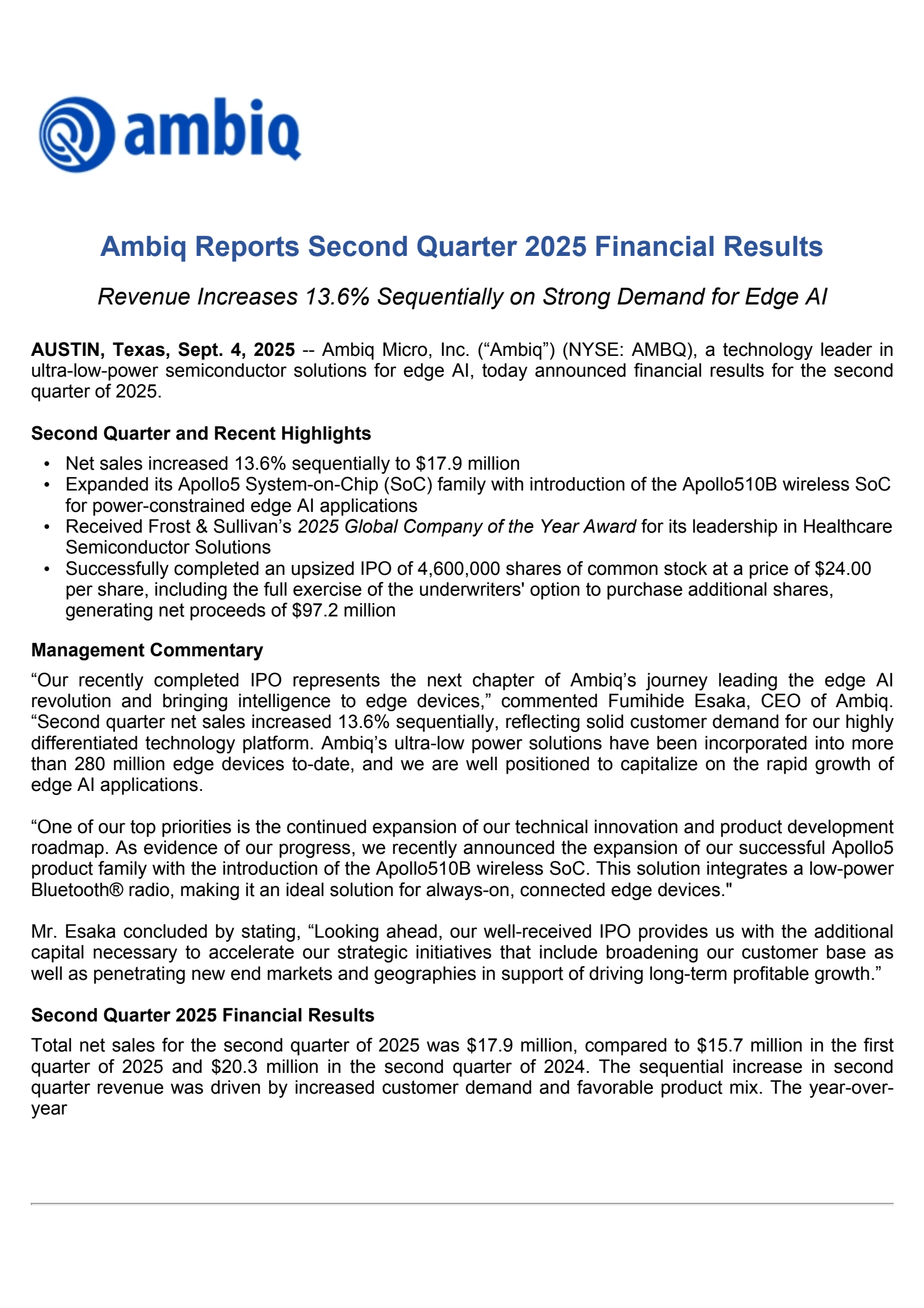 Ambiq Micro's Q2 2025 Press Release