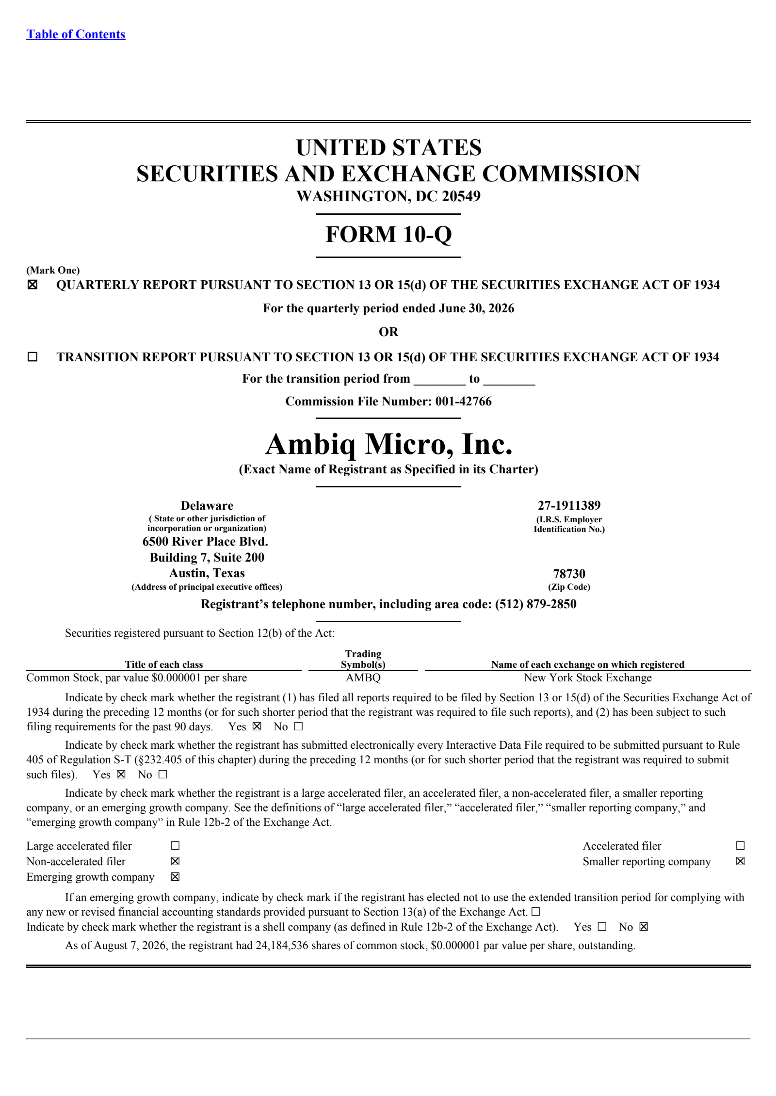Ambiq Micro's Q2 2026 Quarterly report