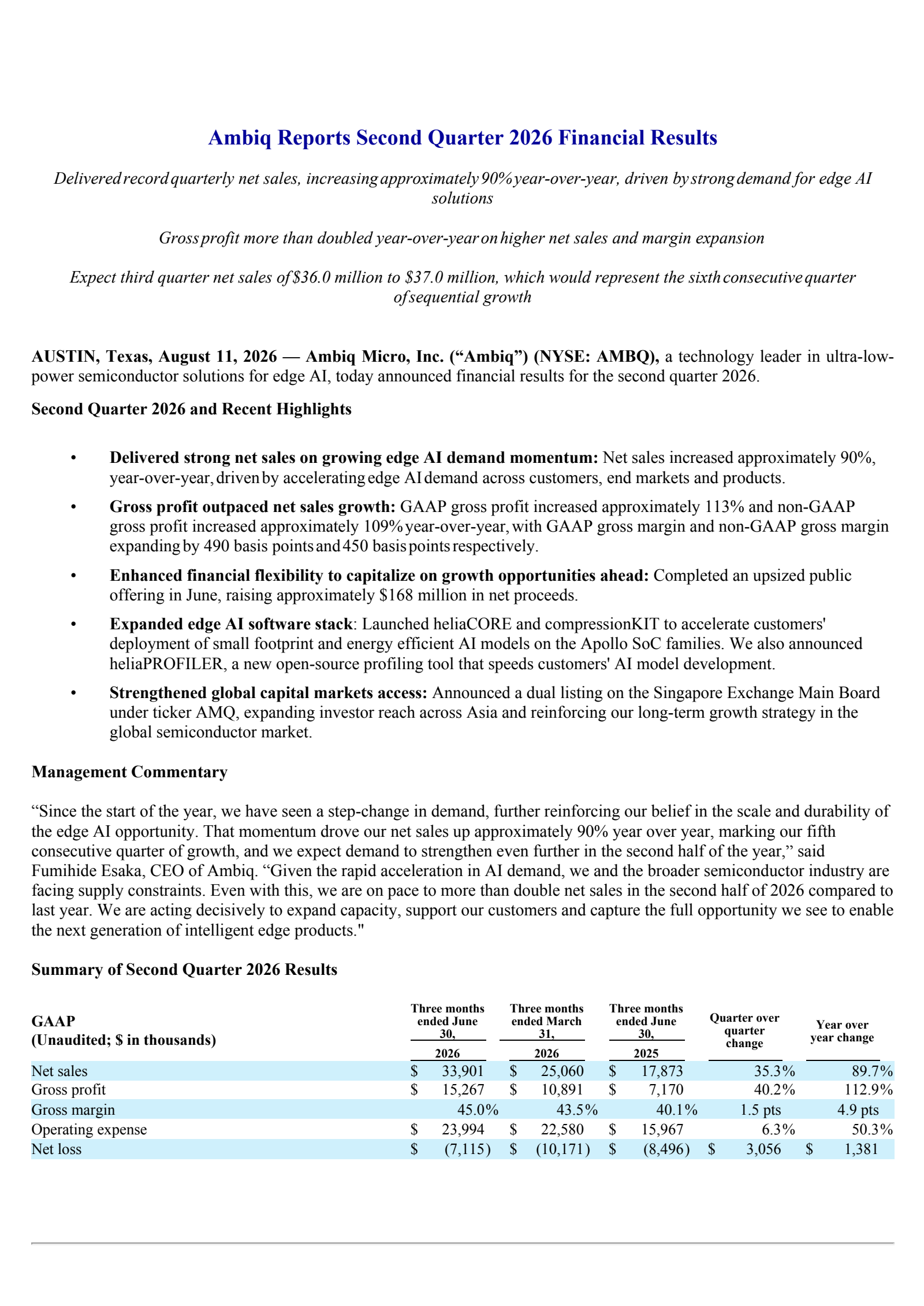 Ambiq Micro's Q2 2026 Press Release