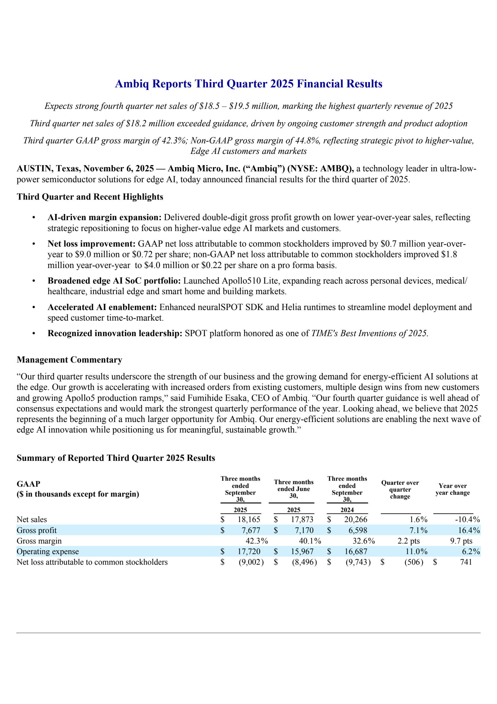 Ambiq Micro's Q3 2025 Earnings Release