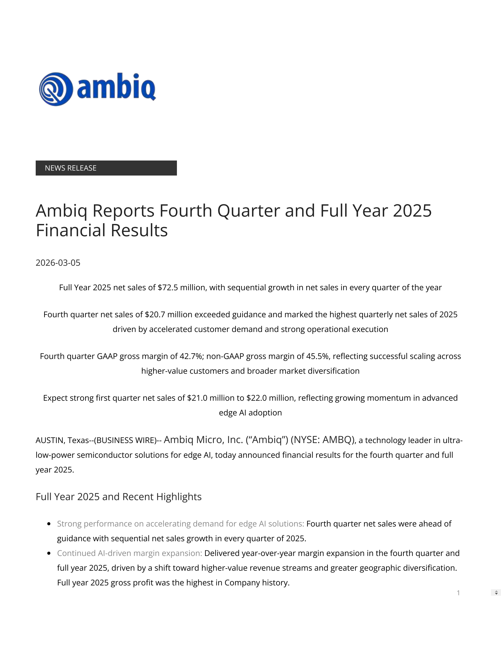 Ambiq Micro's Q4 2025 Press Release