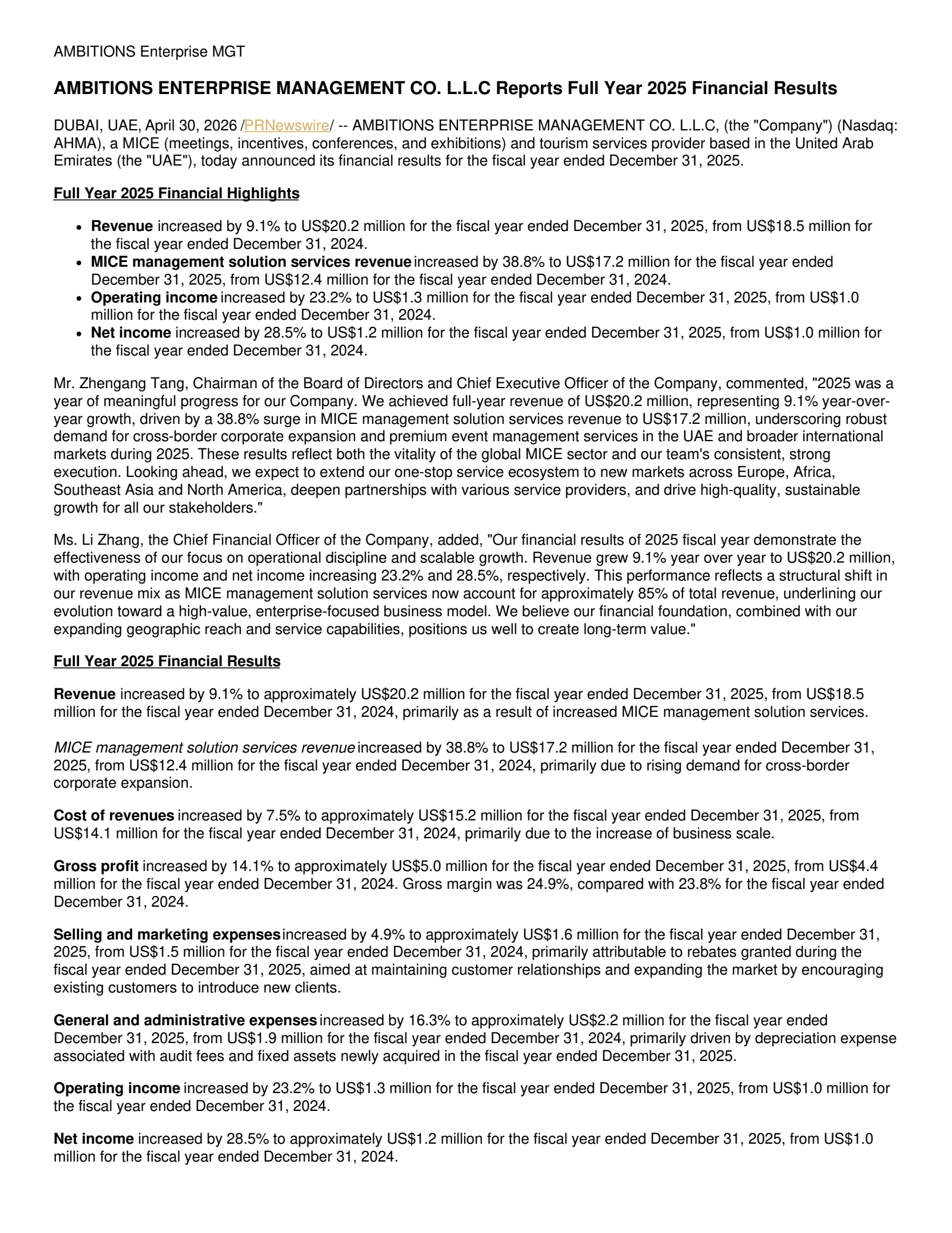 Ambitions Enterprise Management Co. L.L.C's Q4 2025 Press Release