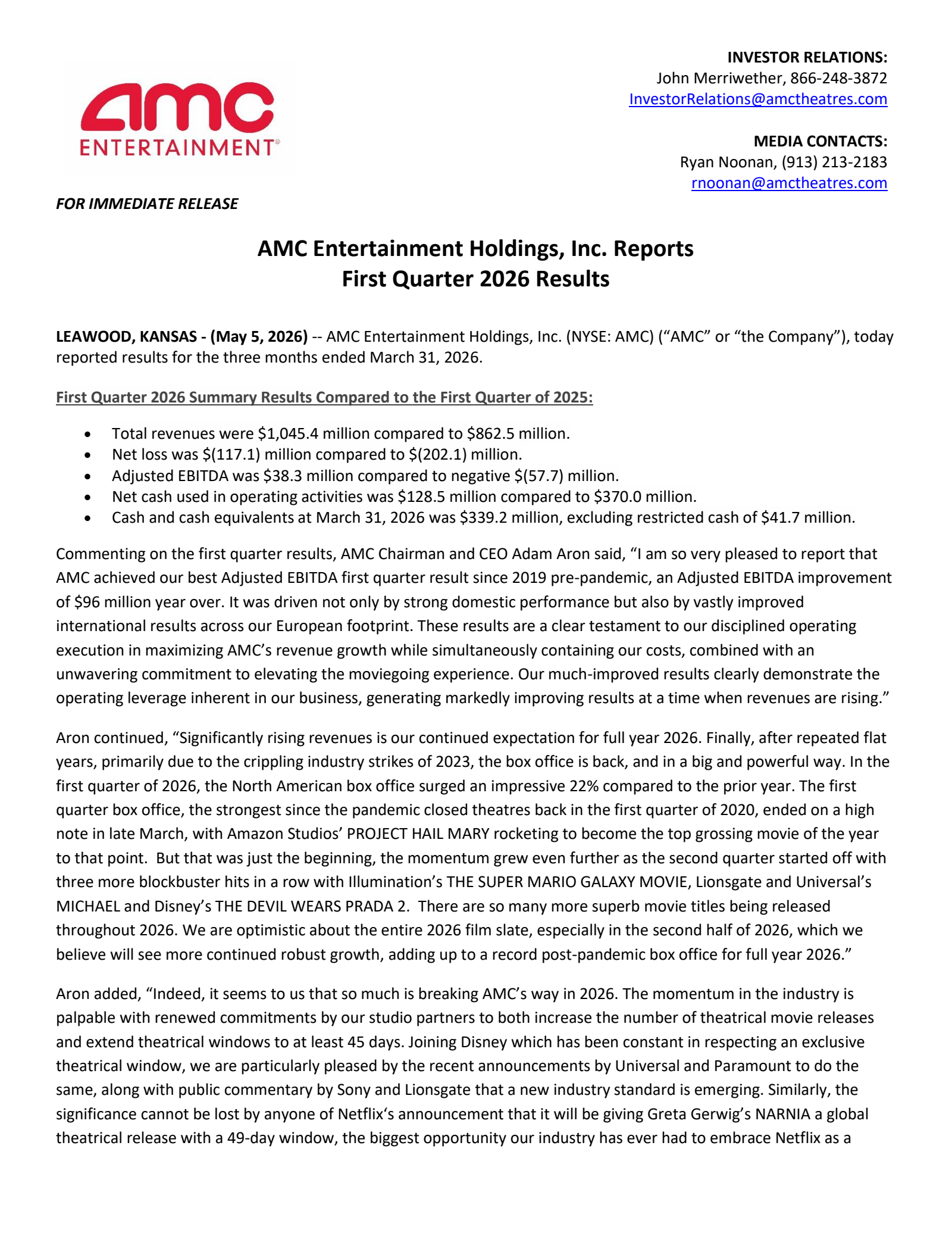 AMC Entertainment's Q1 2026 Press Release