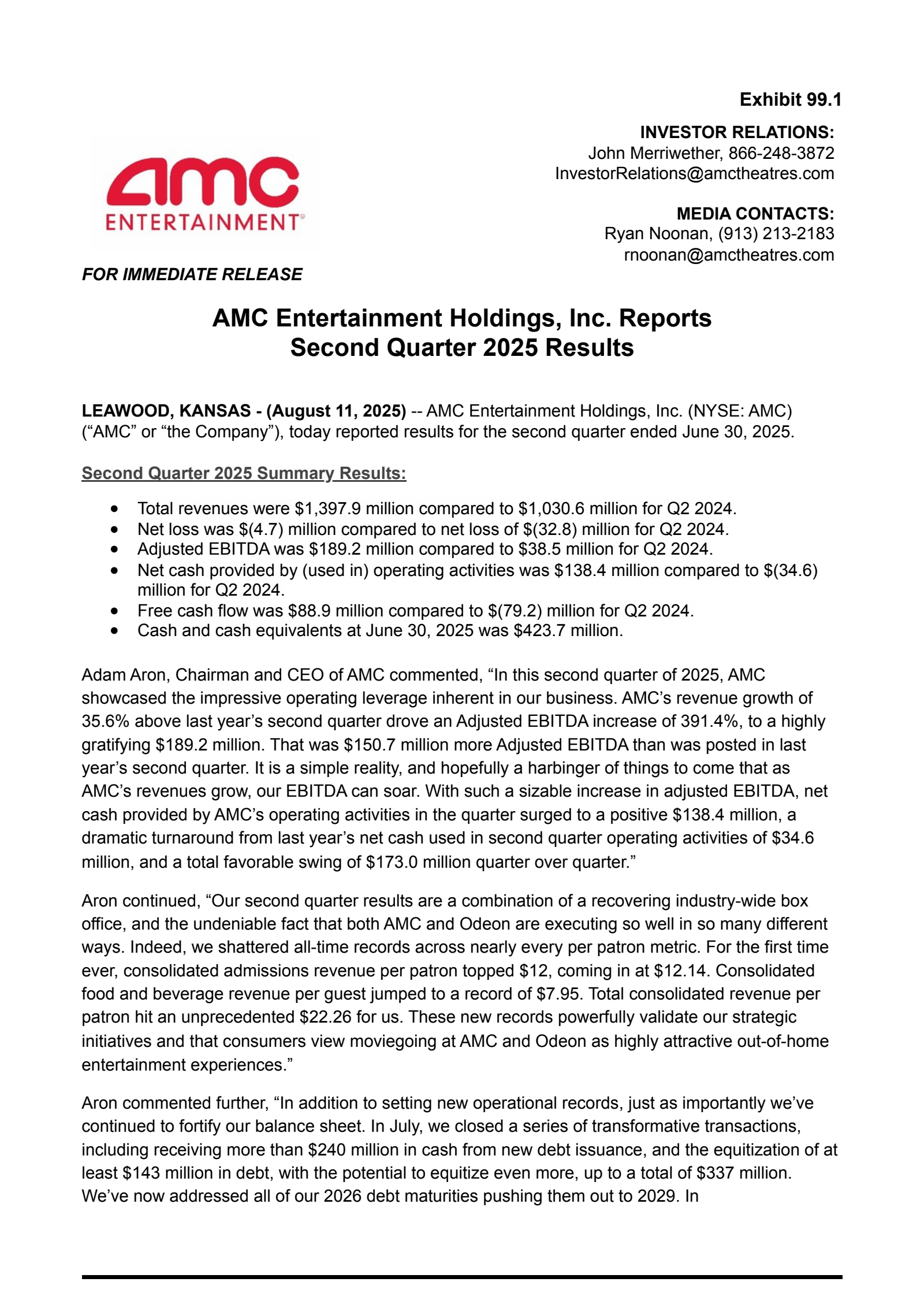AMC Entertainment's Q2 2025 Press Release
