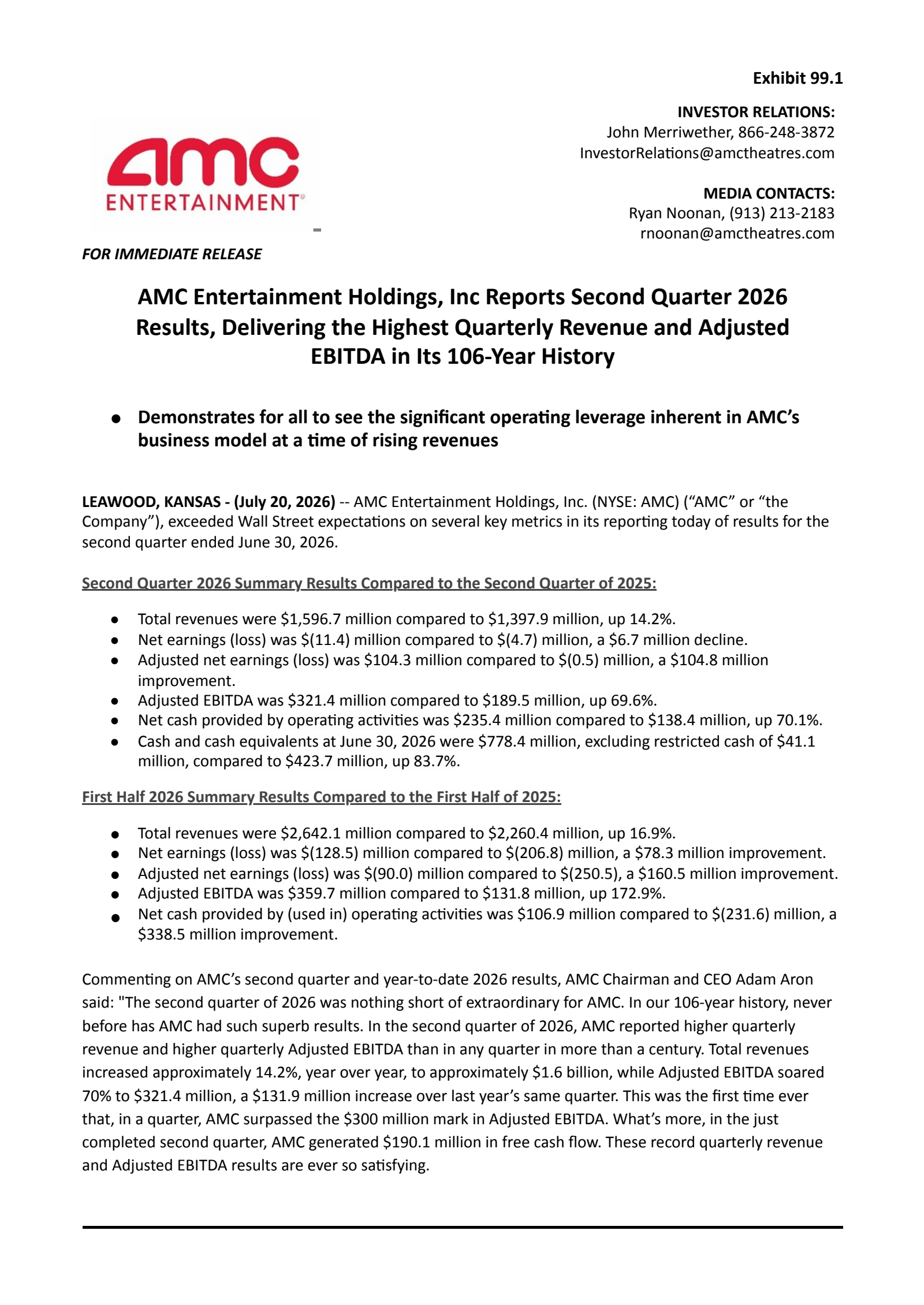 AMC Entertainment's Q2 2026 Press Release