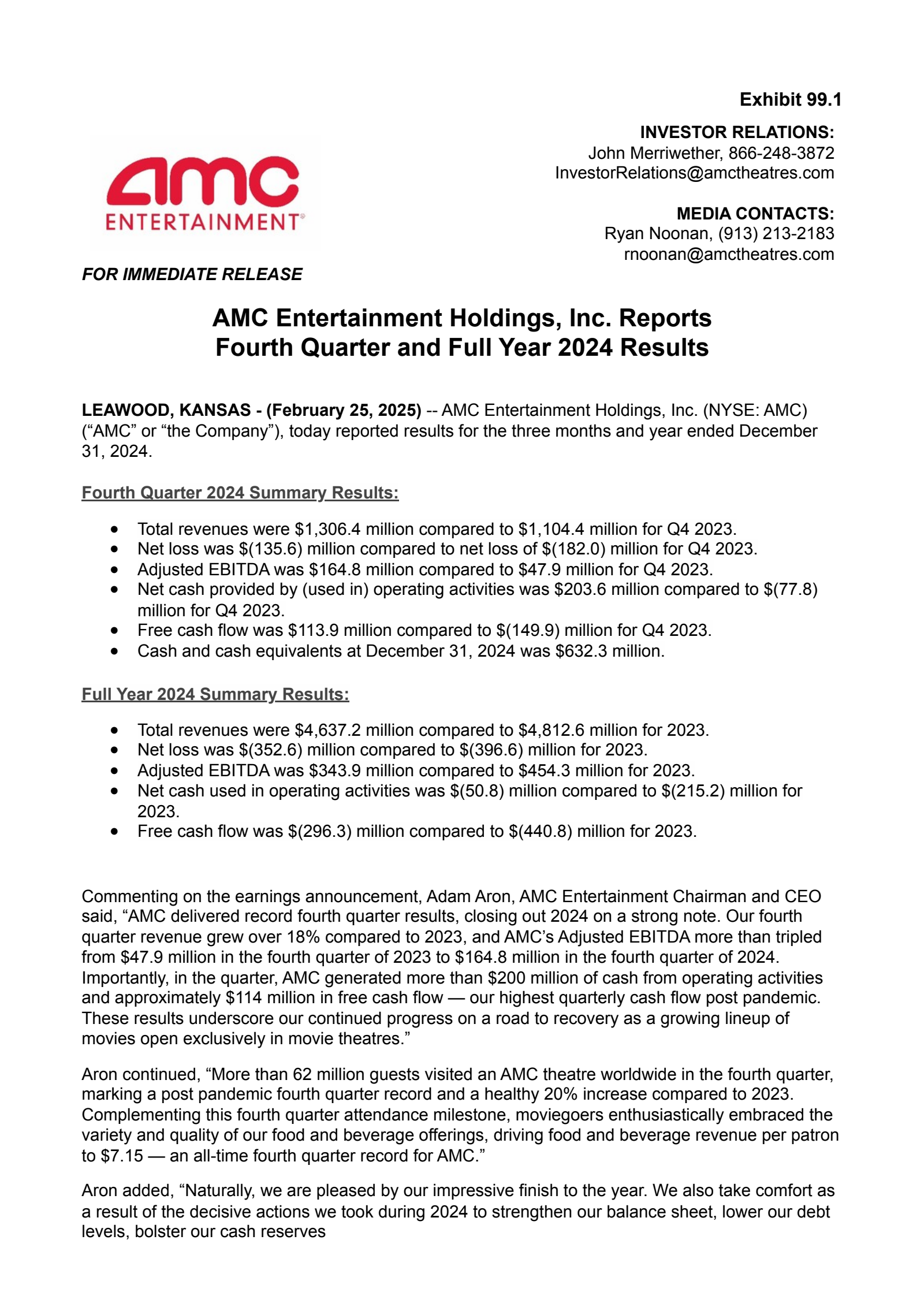 AMC Entertainment's Q4 2024 Press Release