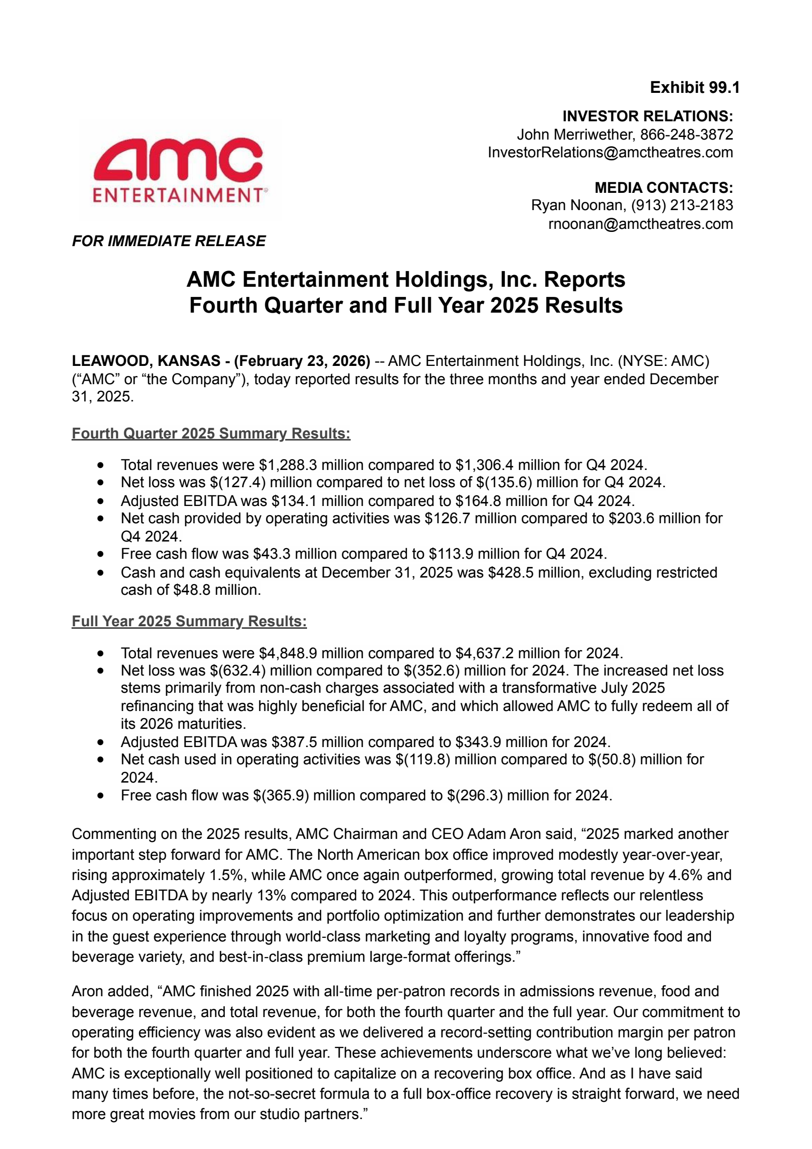 AMC Entertainment's Q4 2025 Press Release