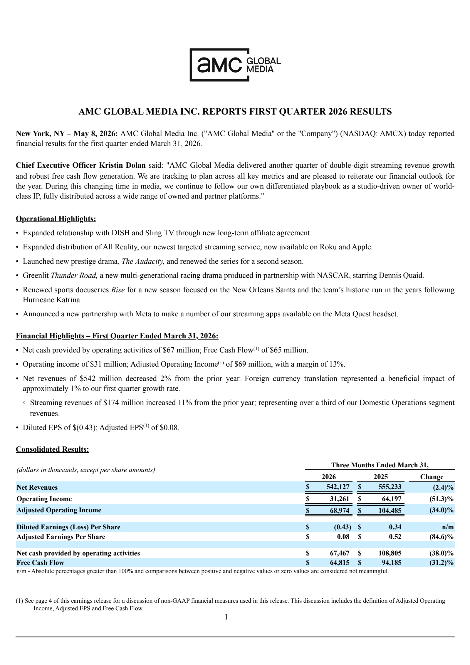 AMC Networks' Q1 2026 Press Release