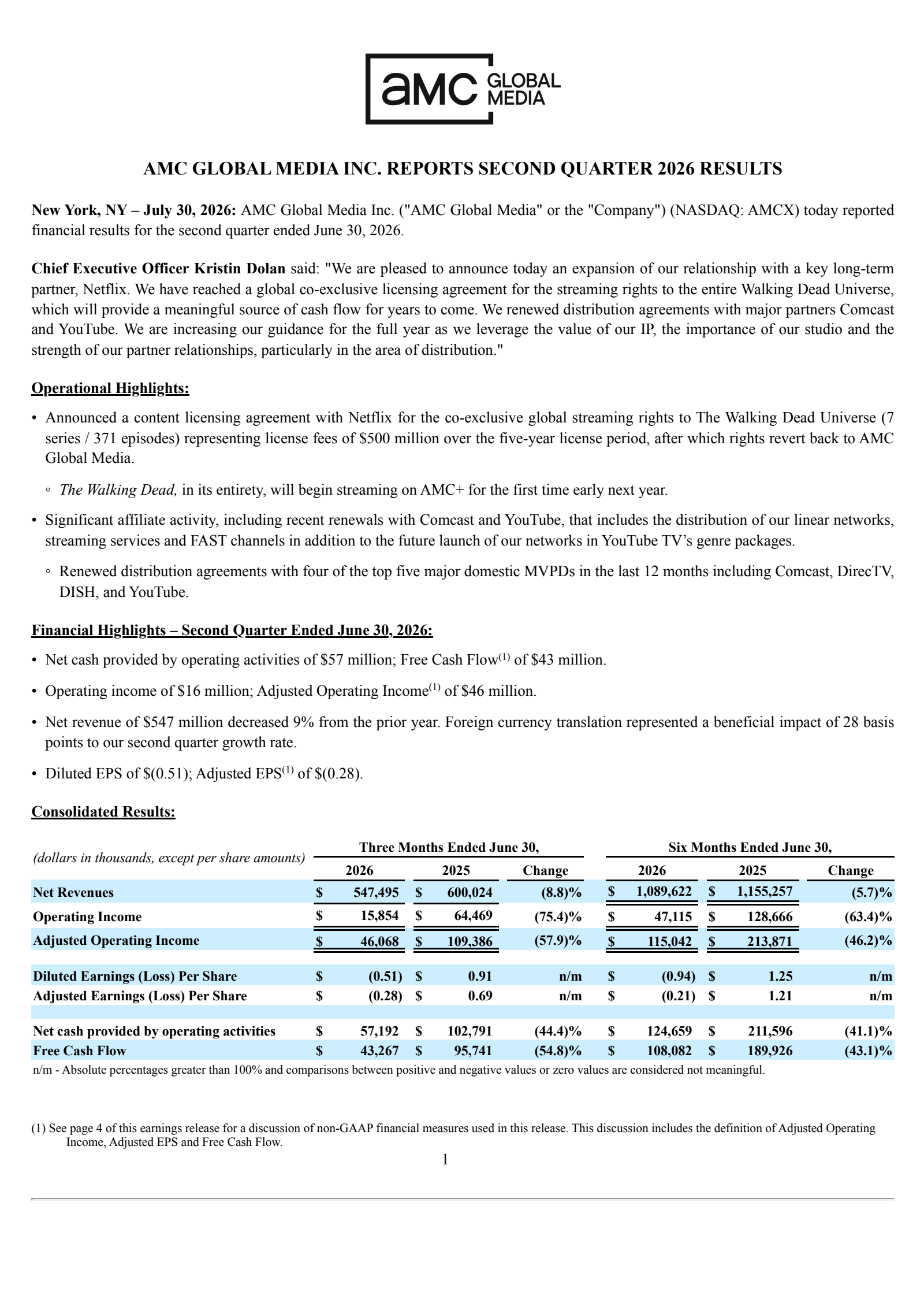 AMC Networks' Q2 2026 Press Release