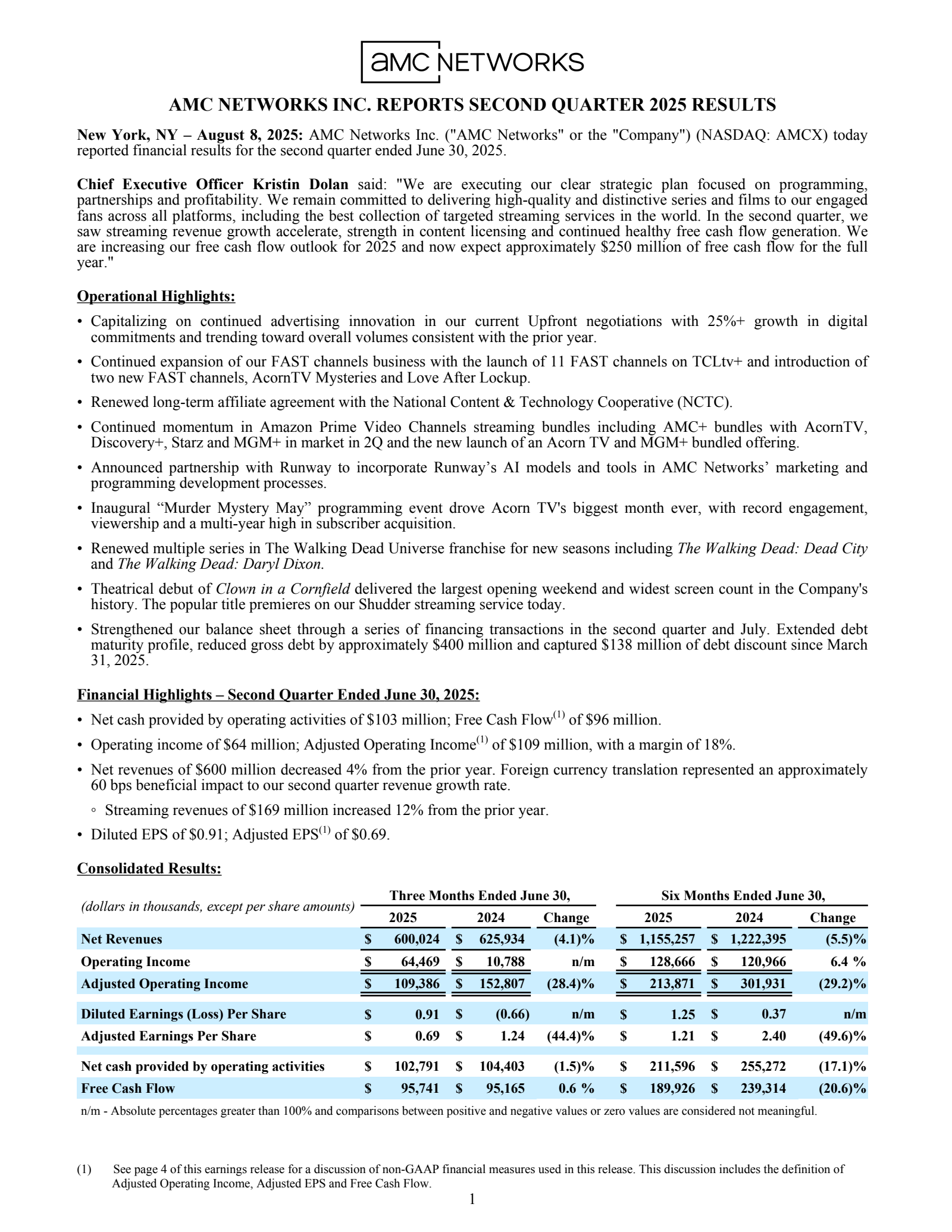 AMC Networks' Q2 2025 Press Release