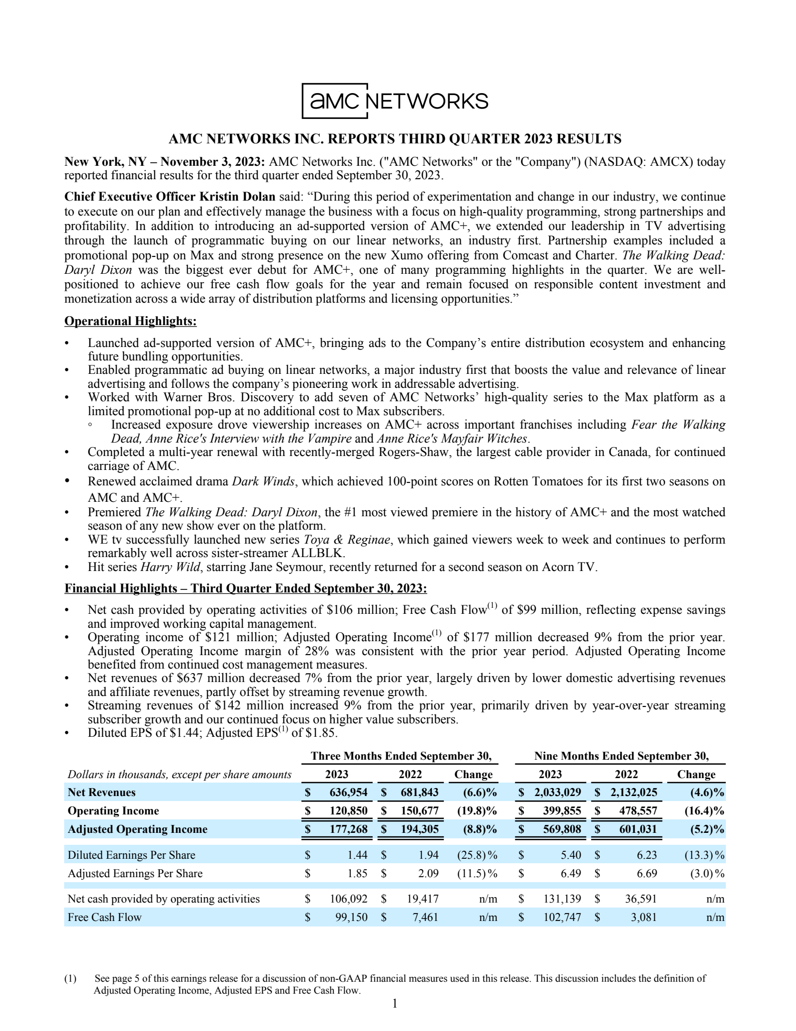 AMC Networks' Q3 2023 Press Release