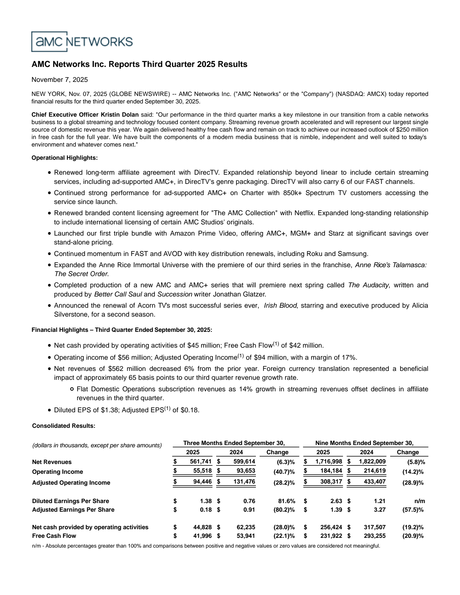 AMC Networks' Q3 2025 Earnings Release