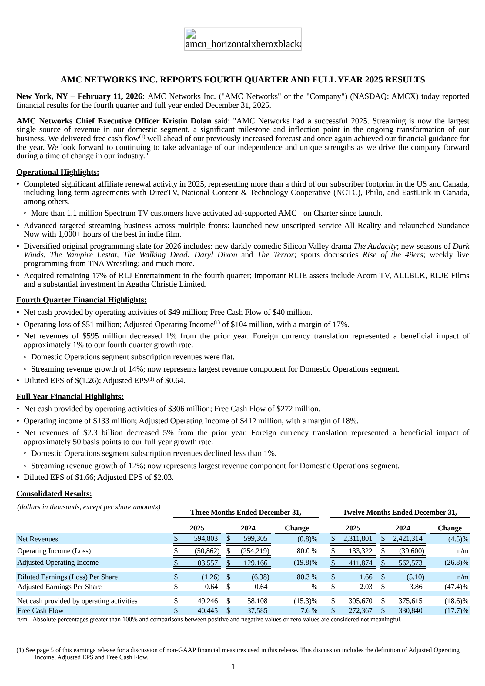 AMC Networks' Q4 2025 Press Release