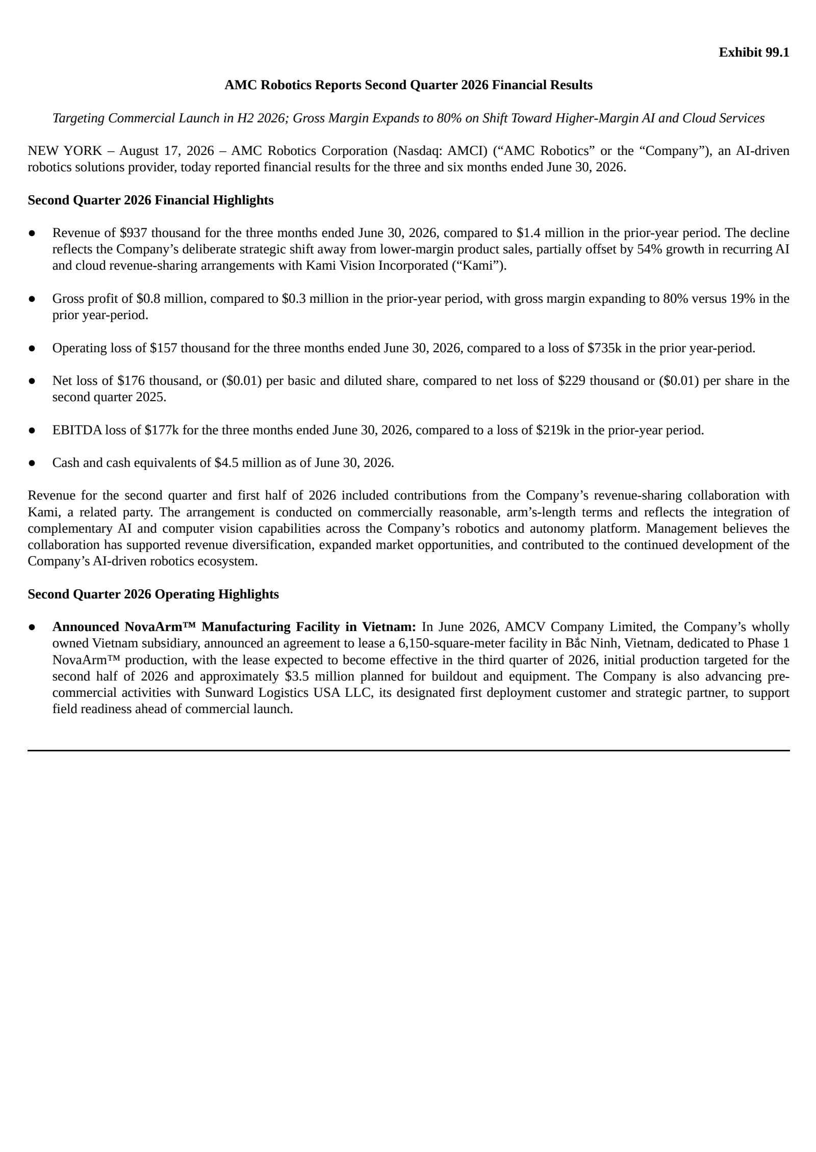 AMCI Acquisition's Q2 2026 Press Release