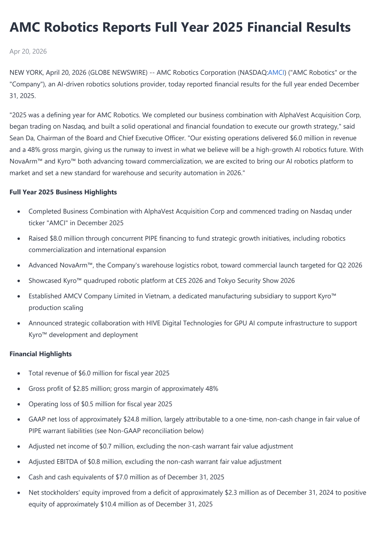 AMCI Acquisition's Q4 2025 Press Release