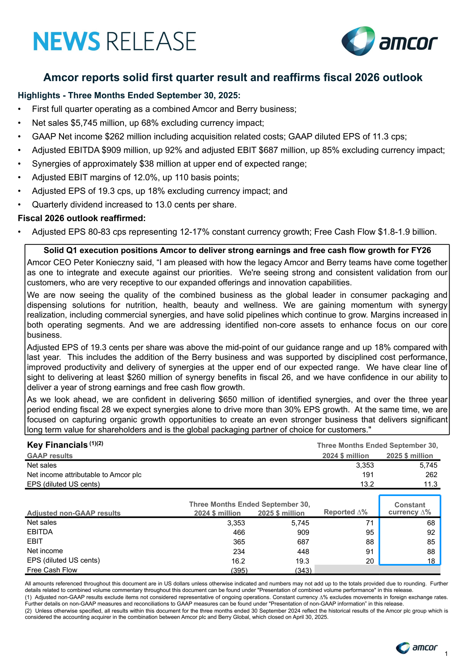 Amcor's Q1 2026 Earnings Release