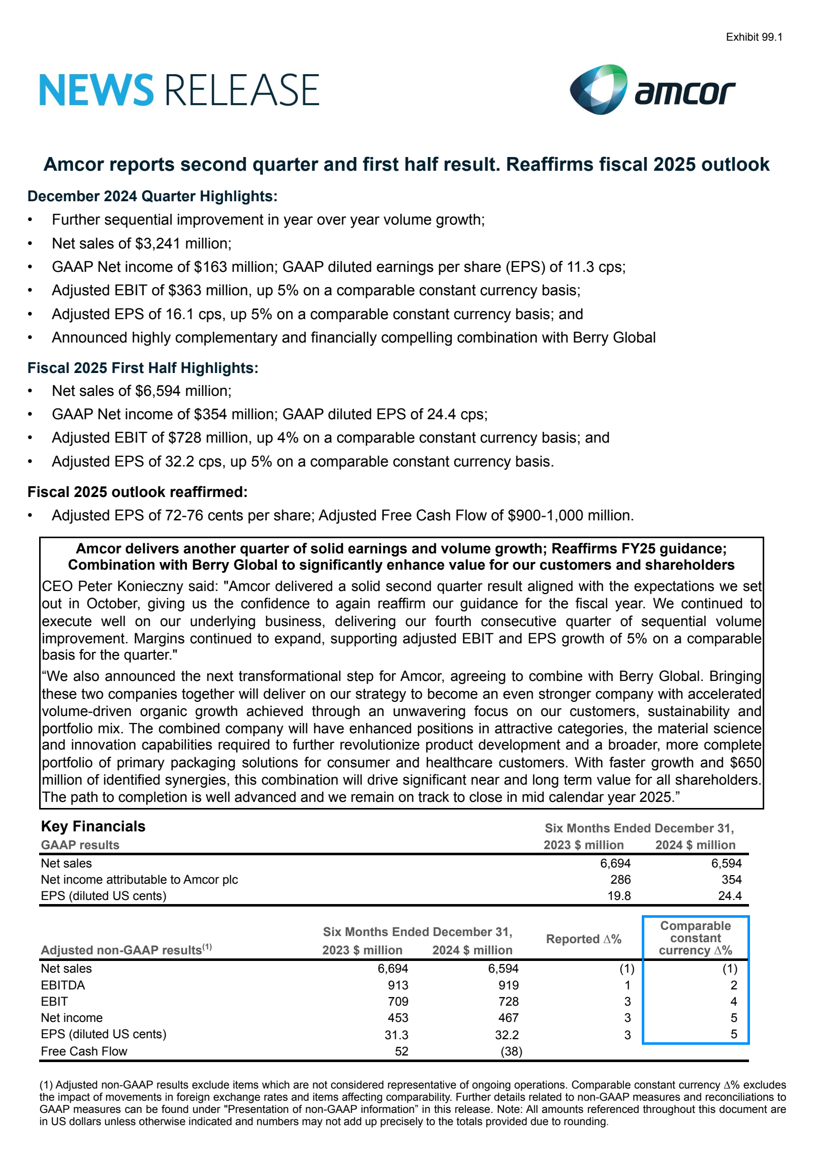 Amcor's Q2 2025 Press Release